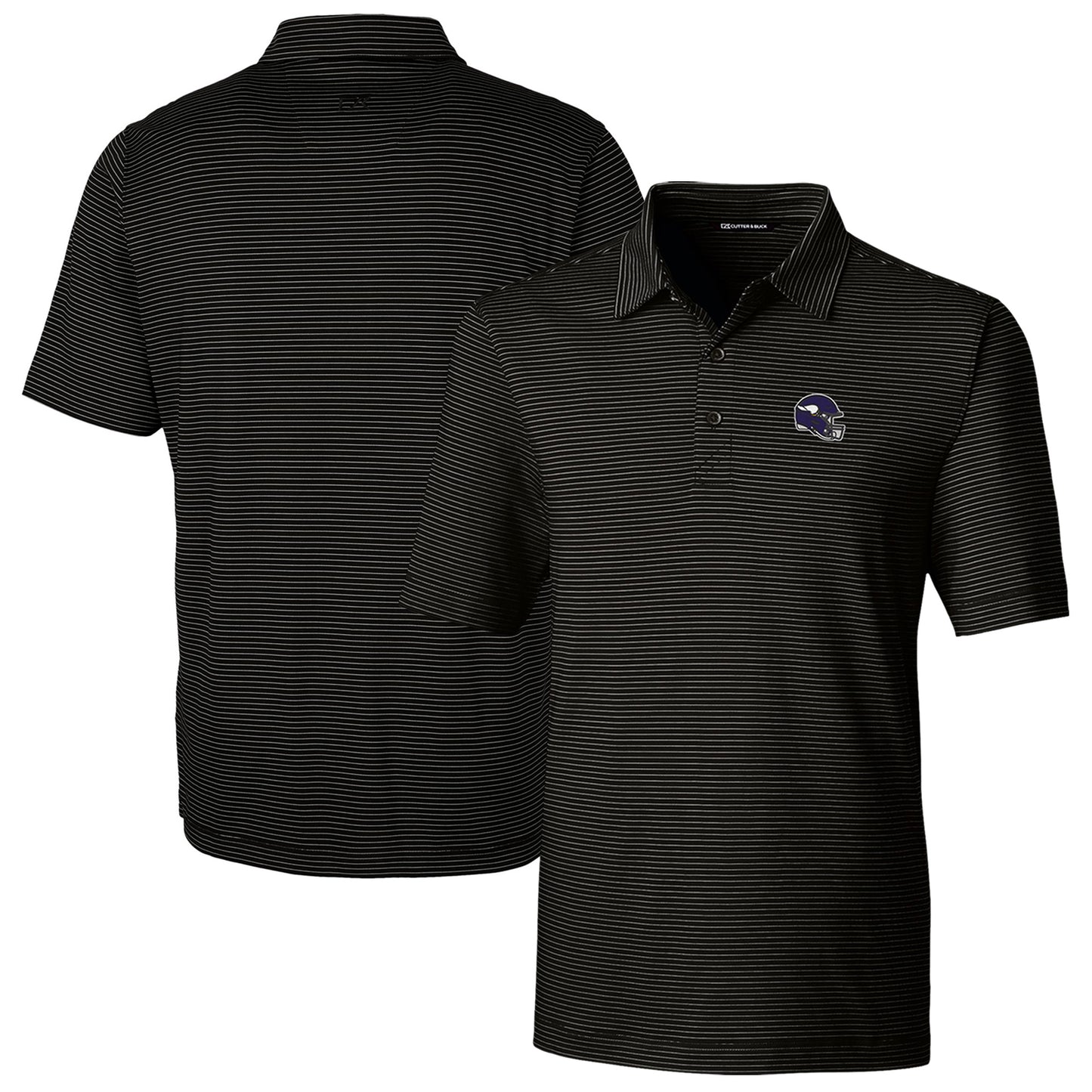 Men's Cutter & Buck Black Minnesota Vikings Helmet Forge Pencil Stripe Stretch Polo