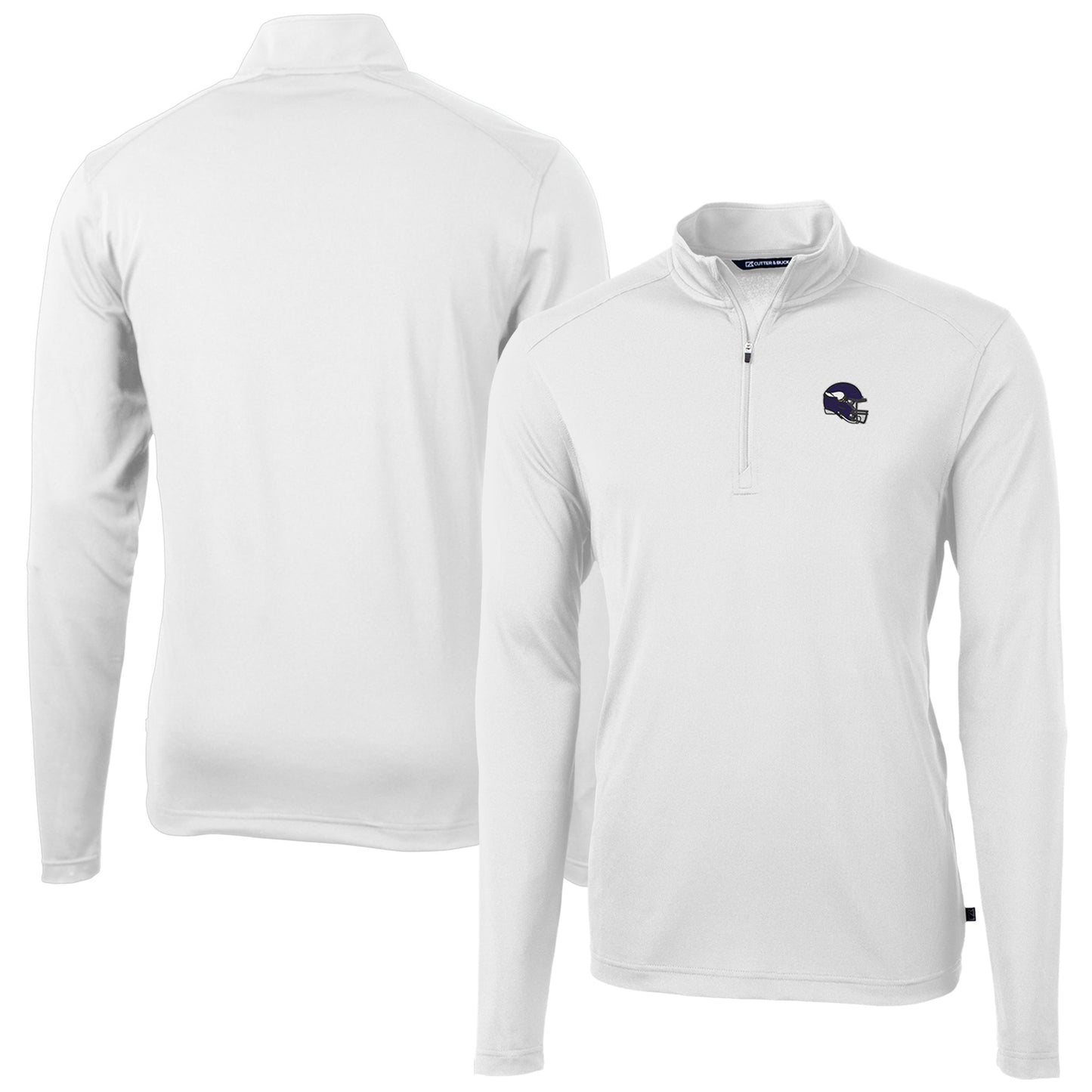 Men's Cutter & Buck White Minnesota Vikings Helmet Virtue Eco Pique Recycled Quarter-Zip Pullover Top