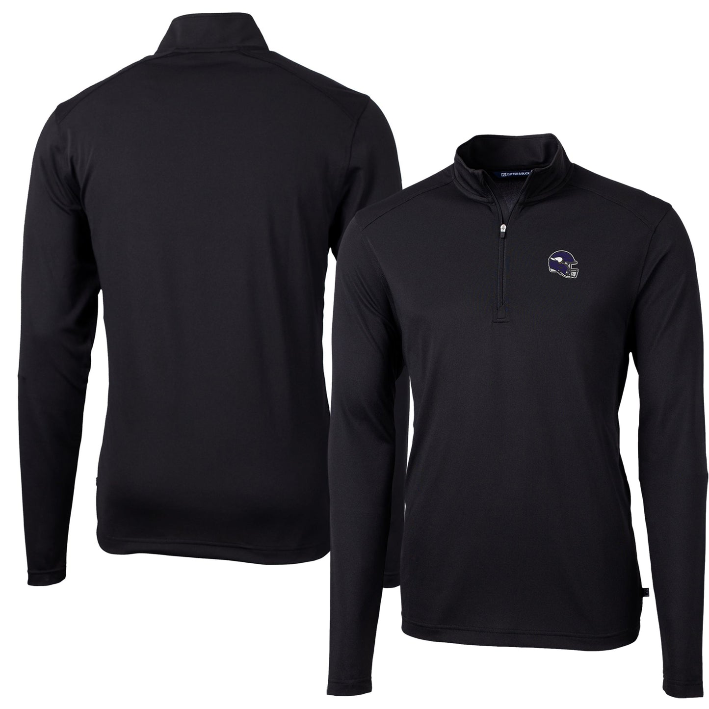 Men's Cutter & Buck Black Minnesota Vikings Helmet Virtue Eco Pique Recycled Quarter-Zip Pullover Top
