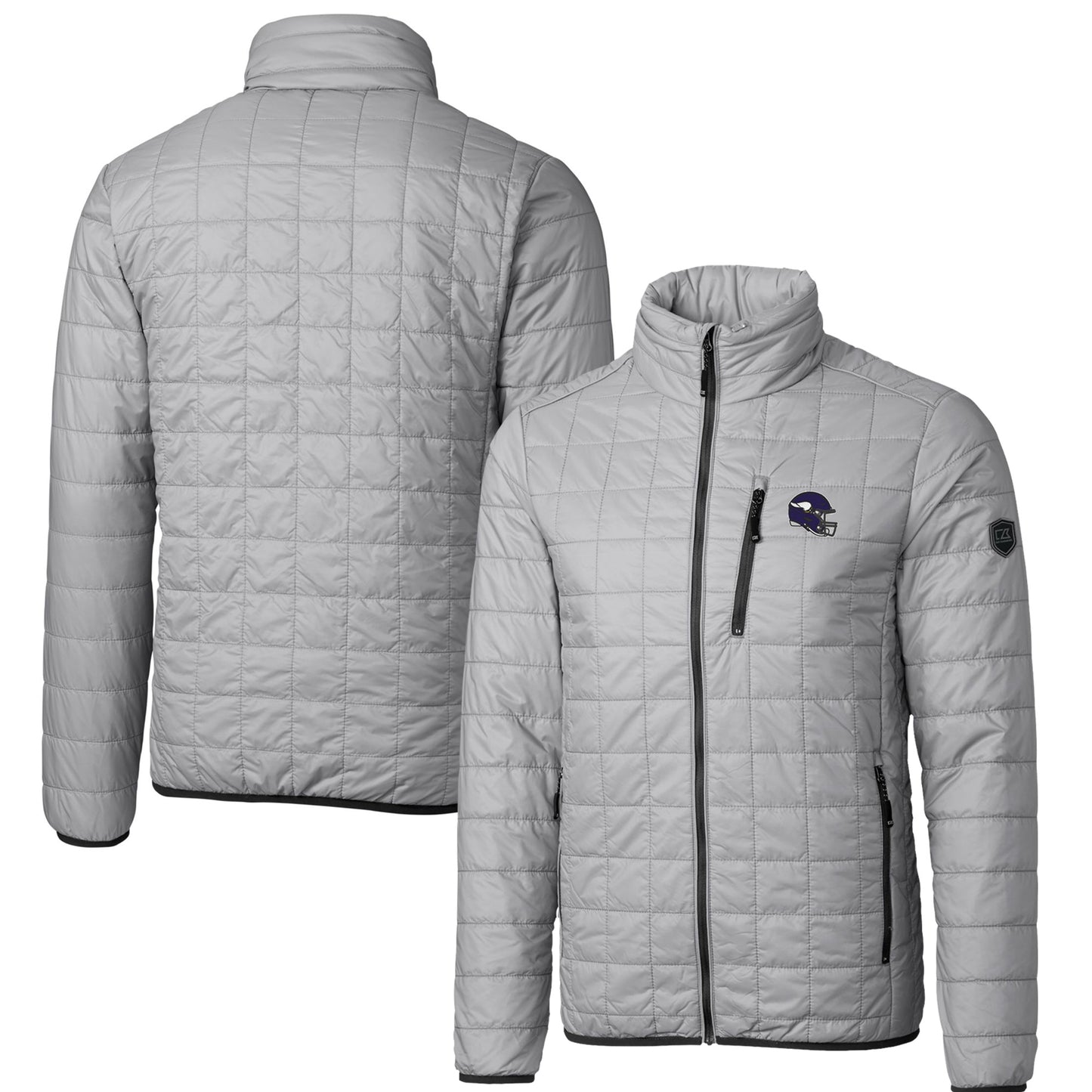 Men's Cutter & Buck Silver Minnesota Vikings Helmet Rainier PrimaLoft Eco Insulated Full-Zip Puffer Jacket