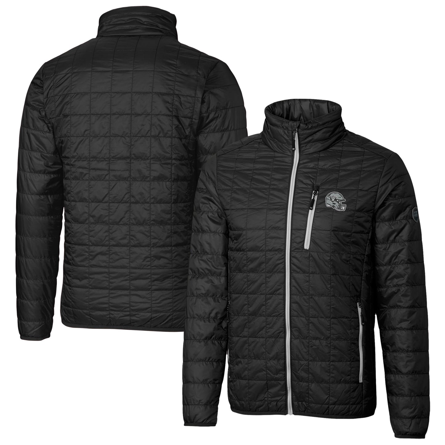 Men's Cutter & Buck Black Las Vegas Raiders Helmet Rainier PrimaLoft Eco Insulated Full-Zip Puffer Jacket