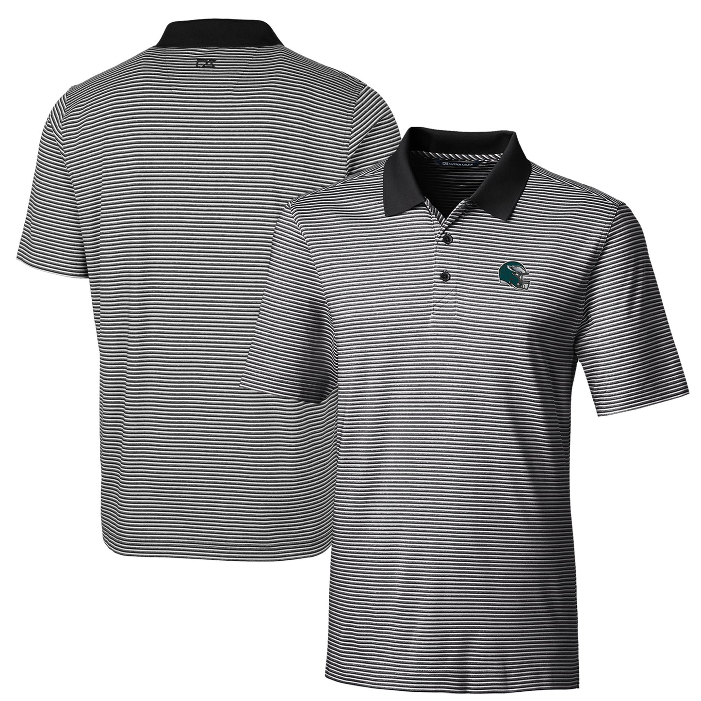Men's Cutter & Buck Black Philadelphia Eagles Helmet Forge Tonal Stripe Stretch Polo