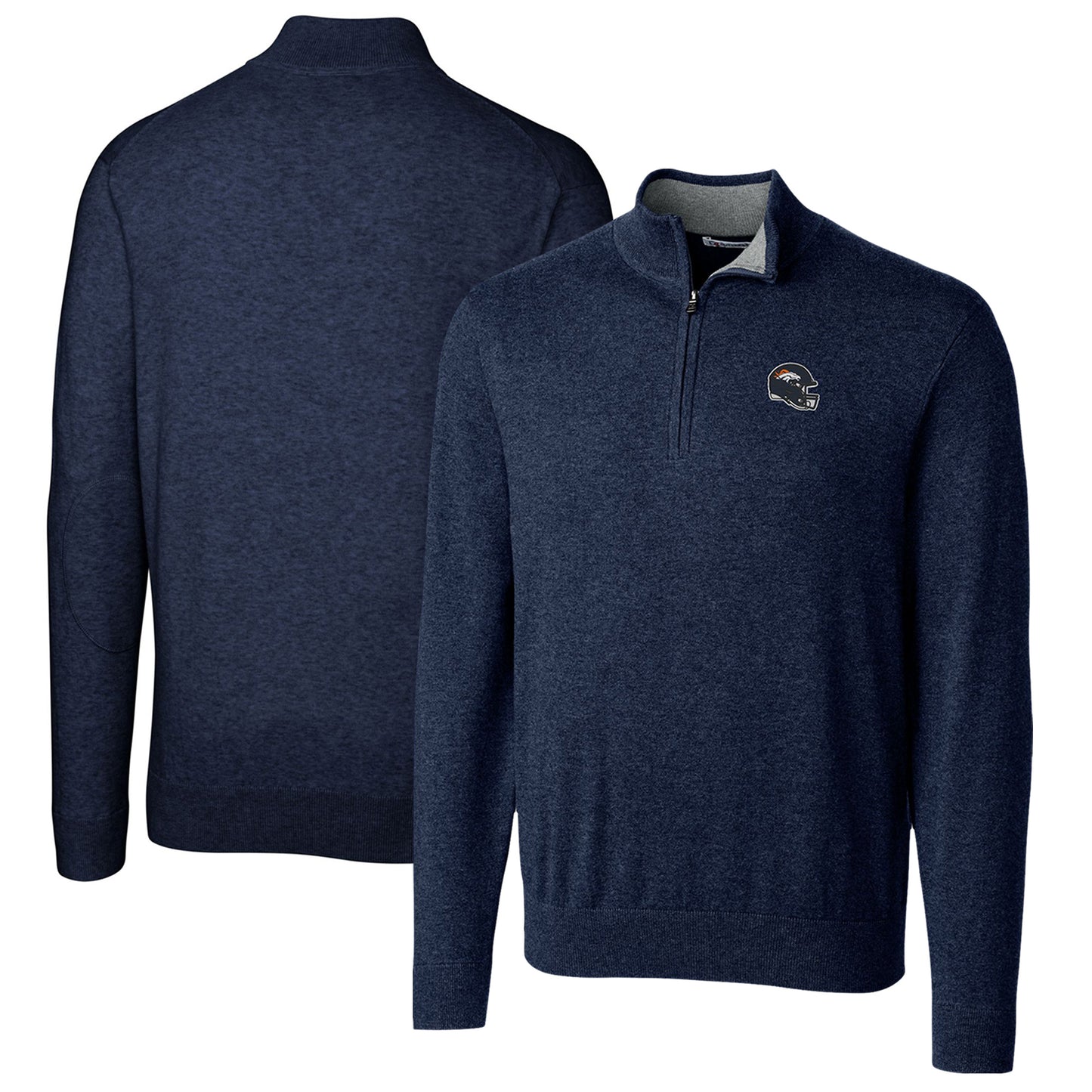 Men's Cutter & Buck Navy Denver Broncos Helmet Lakemont Tri-Blend Quarter-Zip Pullover Sweater