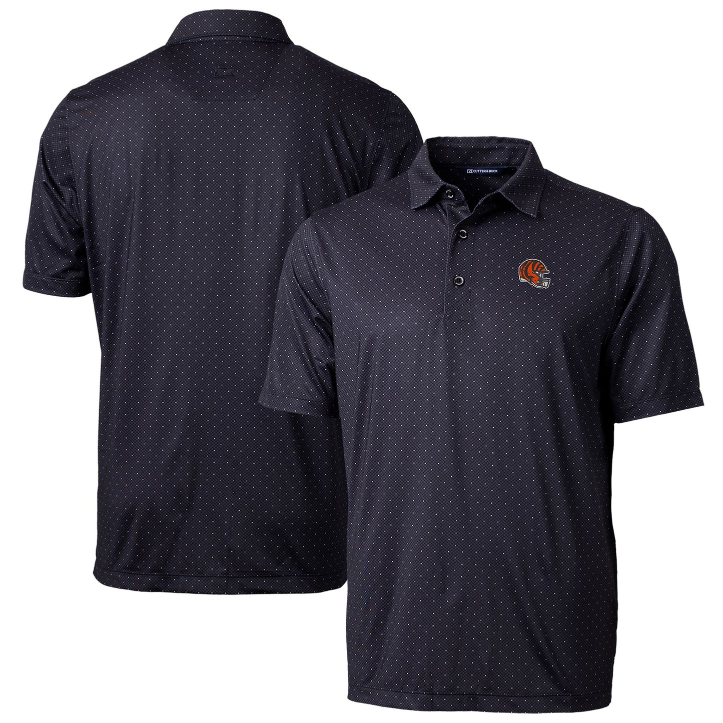 Men's Cutter & Buck Black Cincinnati Bengals Helmet Pike Double Dot Print Stretch Polo