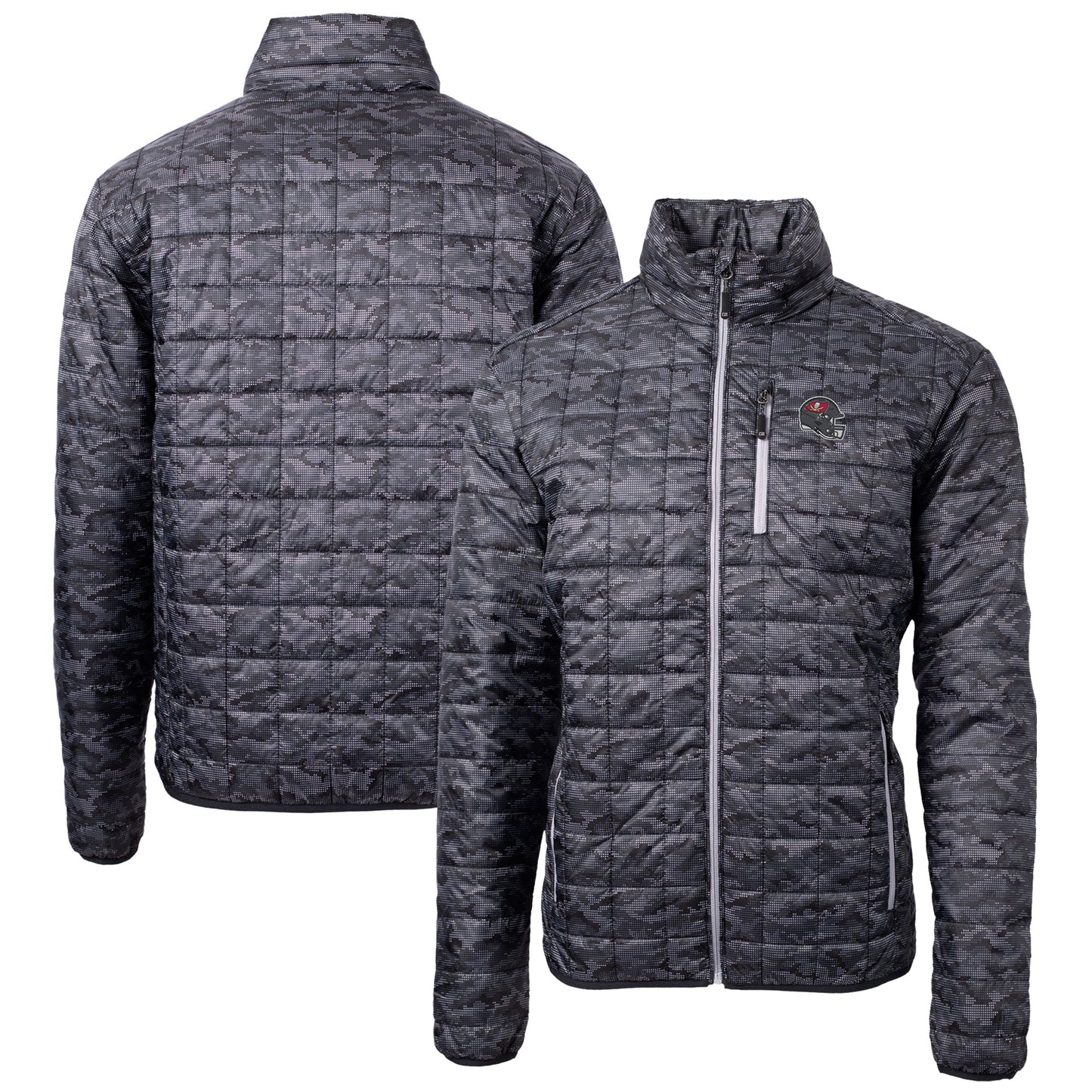 Men's Cutter & Buck Black Tampa Bay Buccaneers Helmet Rainier PrimaLoft Eco Insulated Printed Full-Zip Puffer Jacket