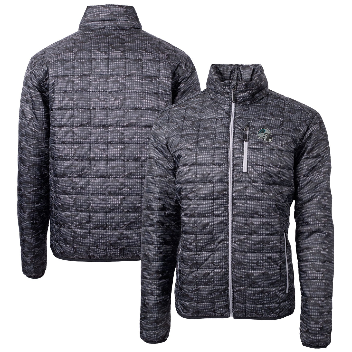 Men's Cutter & Buck Black Carolina Panthers Helmet Rainier PrimaLoft Eco Insulated Printed Full-Zip Puffer Jacket
