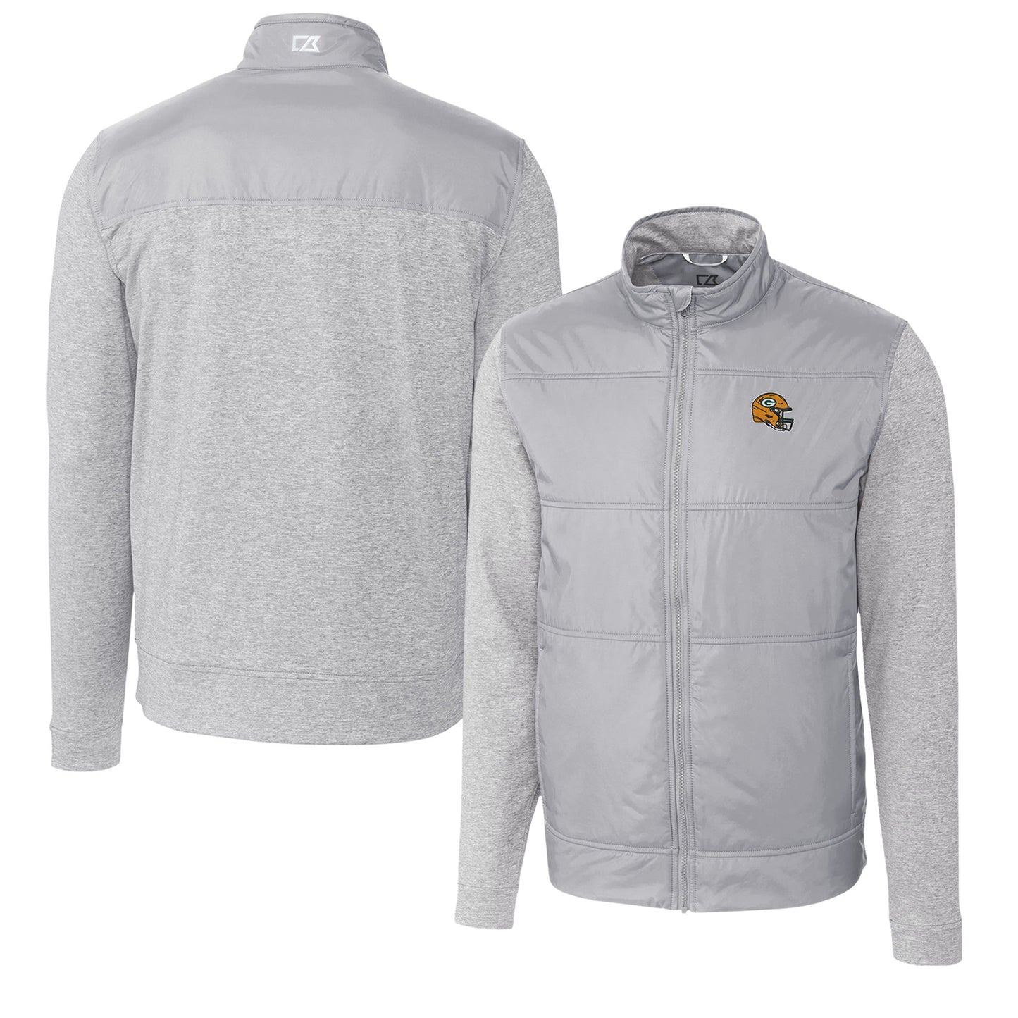 Men's Cutter & Buck Silver Green Bay Packers Helmet Stealth Hybrid Quilted Full-Zip Windbreaker Jacket
