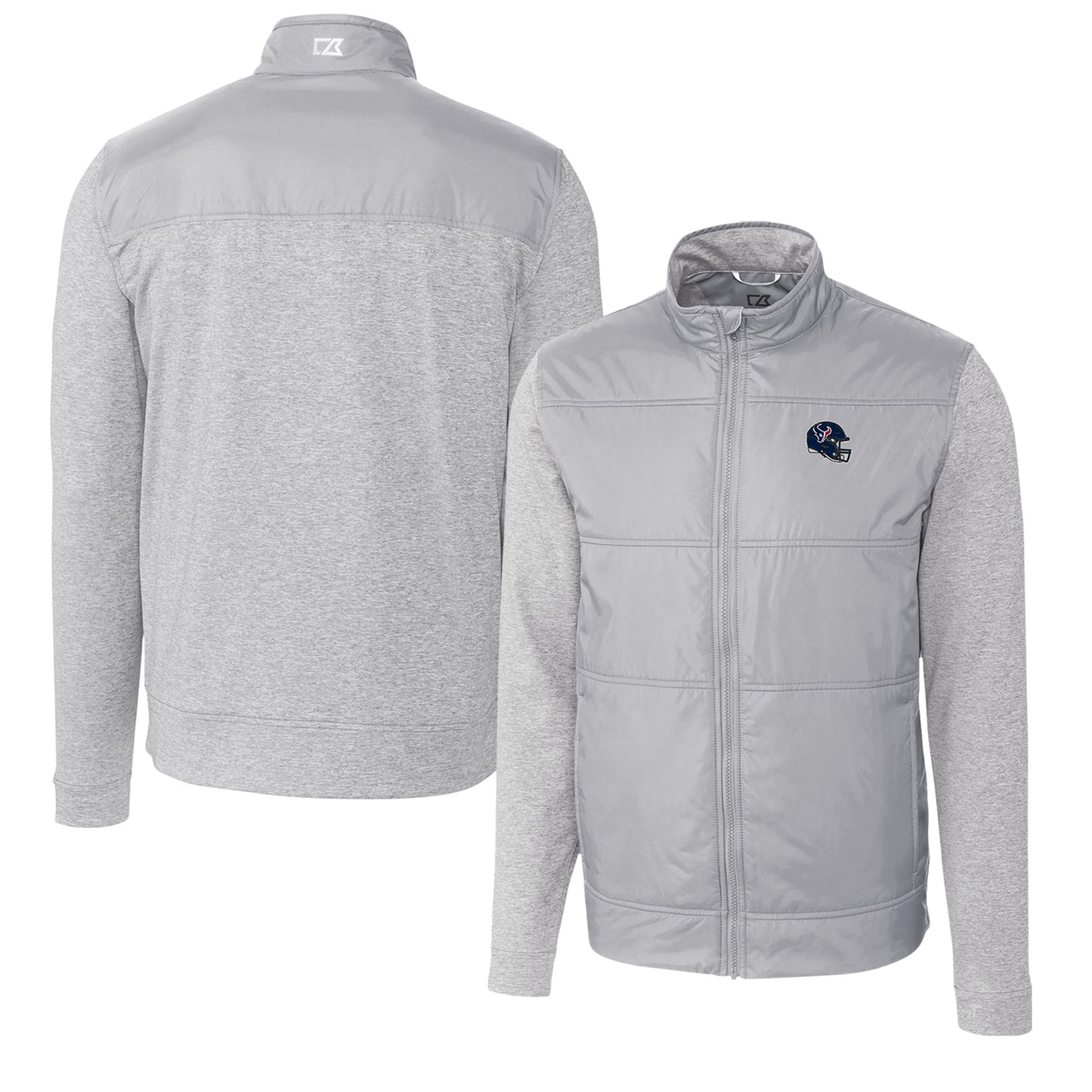 Men's Cutter & Buck Silver Houston Texans Helmet Stealth Hybrid Quilted Full-Zip Windbreaker Jacket