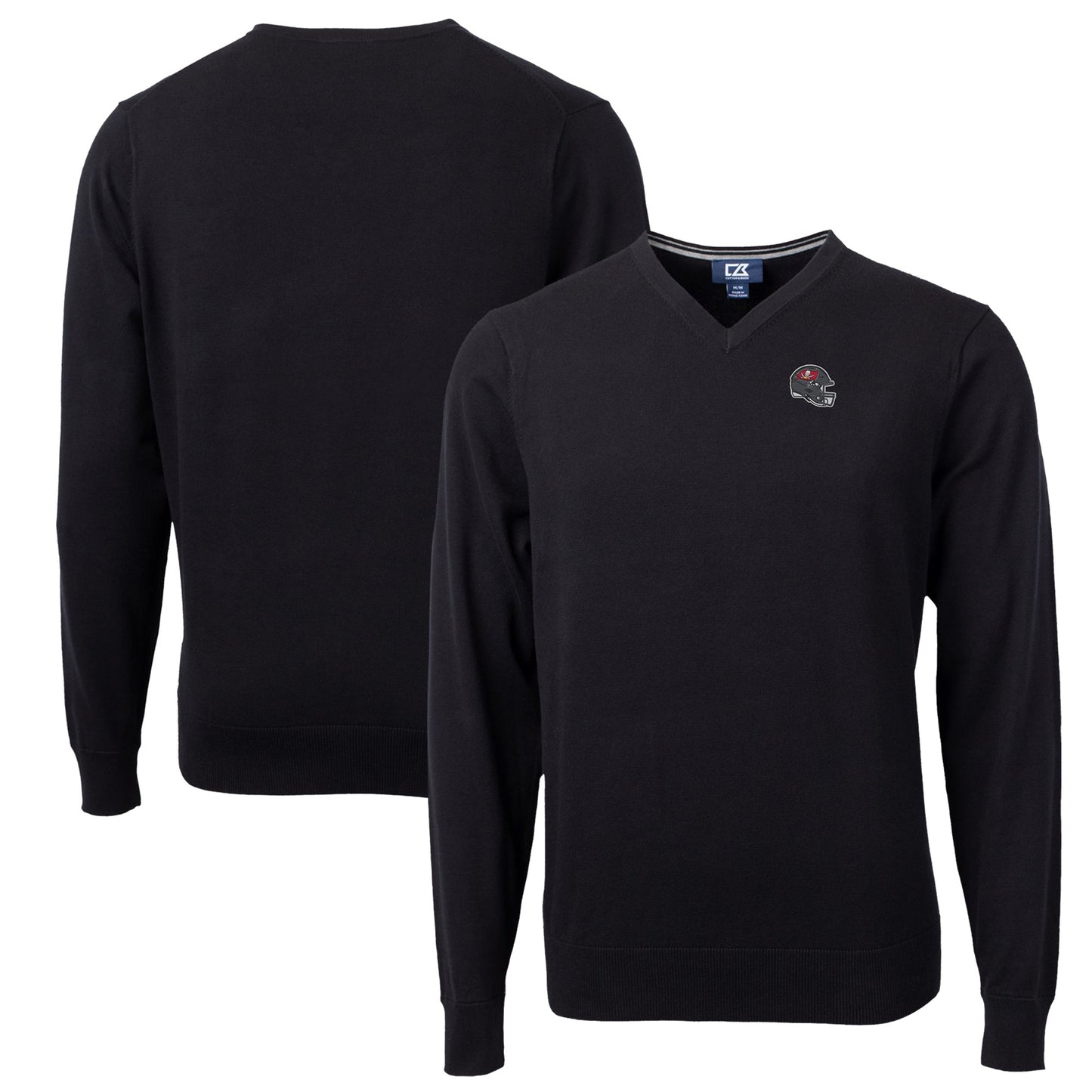Men's Cutter & Buck Black Tampa Bay Buccaneers Helmet Lakemont Tri-Blend V-Neck Pullover Sweater