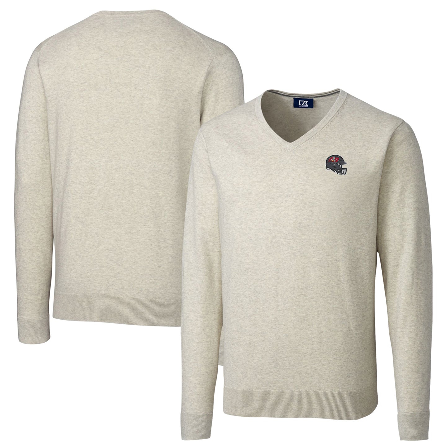 Men's Cutter & Buck Oatmeal Tampa Bay Buccaneers Helmet Lakemont Tri-Blend V-Neck Pullover Sweater