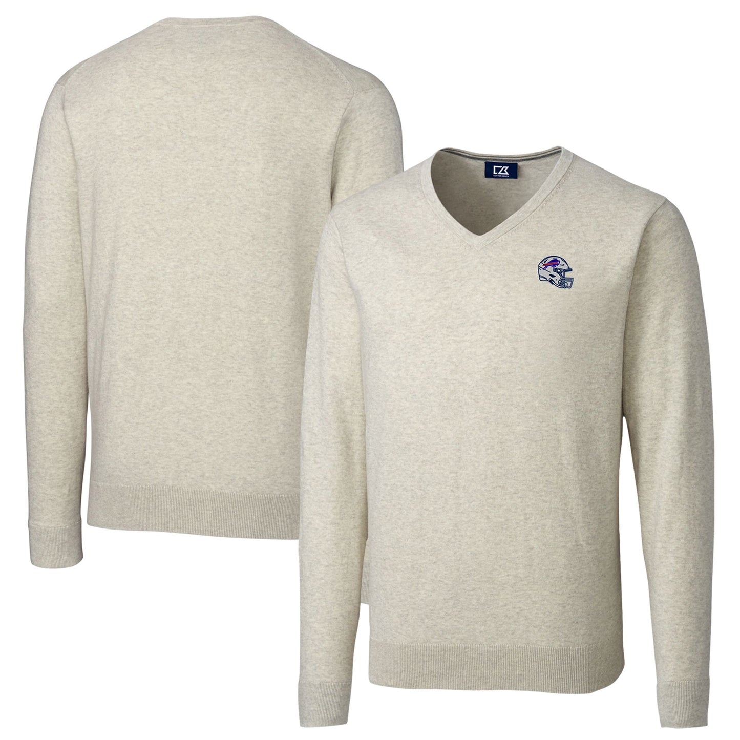 Men's Cutter & Buck Oatmeal Buffalo Bills Helmet Lakemont Tri-Blend V-Neck Pullover Sweater