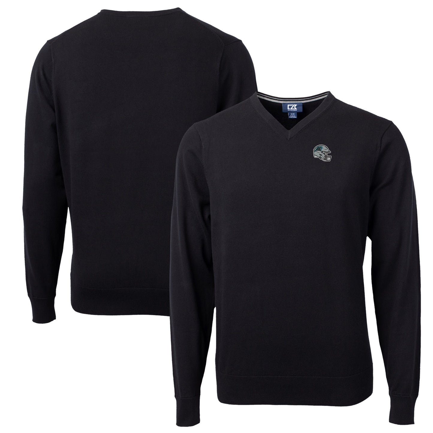 Men's Cutter & Buck Black Carolina Panthers Helmet Lakemont Tri-Blend V-Neck Pullover Sweater