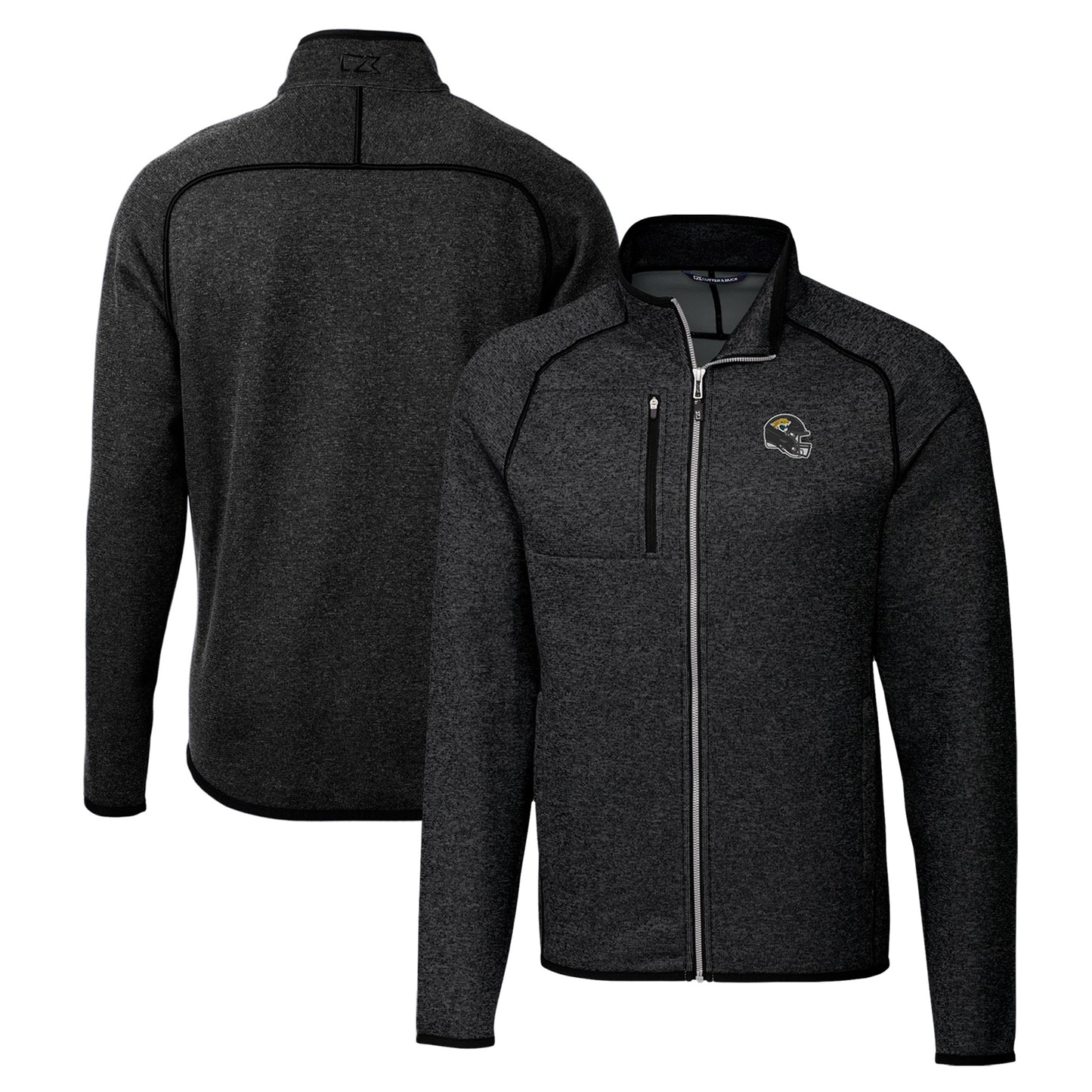 Men's Cutter & Buck Charcoal Jacksonville Jaguars Helmet Mainsail Sweater-Knit Full-Zip Jacket