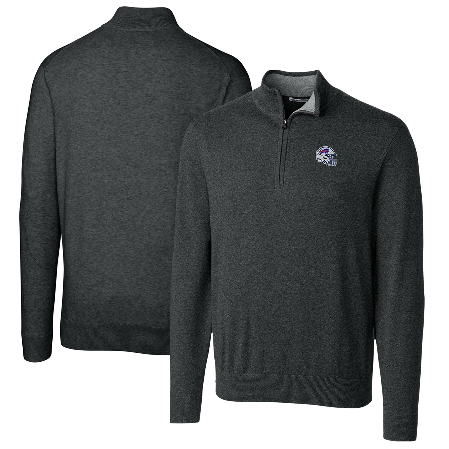 Men's Cutter & Buck Charcoal Buffalo Bills Helmet Lakemont Tri-Blend Quarter-Zip Pullover Sweater