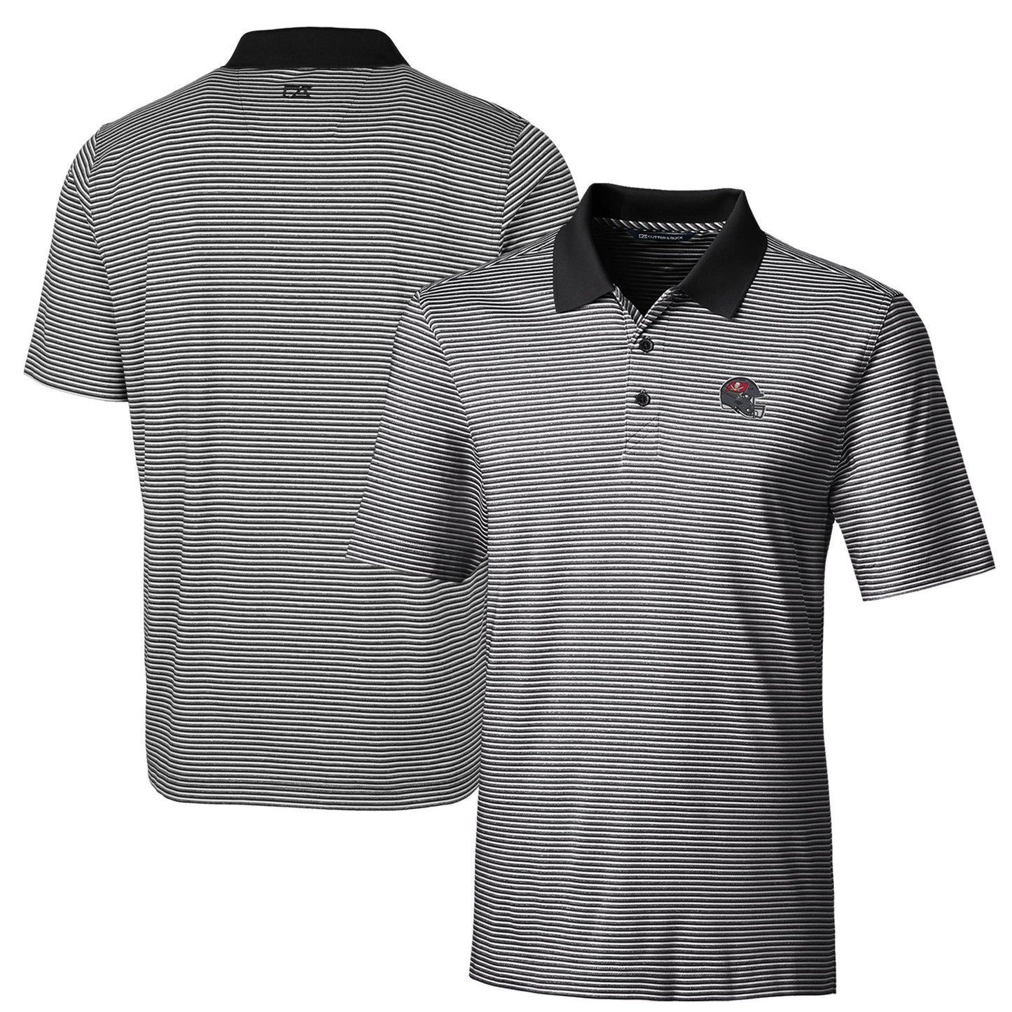 Men's Cutter & Buck Black Tampa Bay Buccaneers Helmet Forge Tonal Stripe Stretch Polo