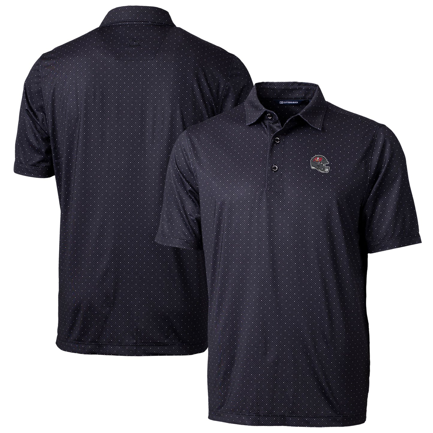 Men's Cutter & Buck Black Tampa Bay Buccaneers Helmet Pike Double Dot Print Stretch Polo