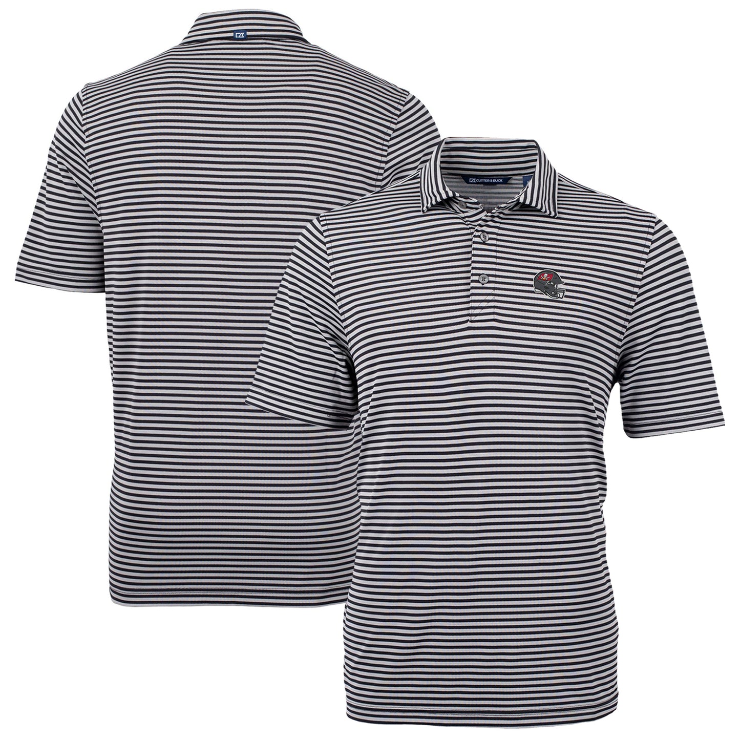 Men's Cutter & Buck Black Tampa Bay Buccaneers Helmet Virtue Eco Pique Stripe Recycled Polo