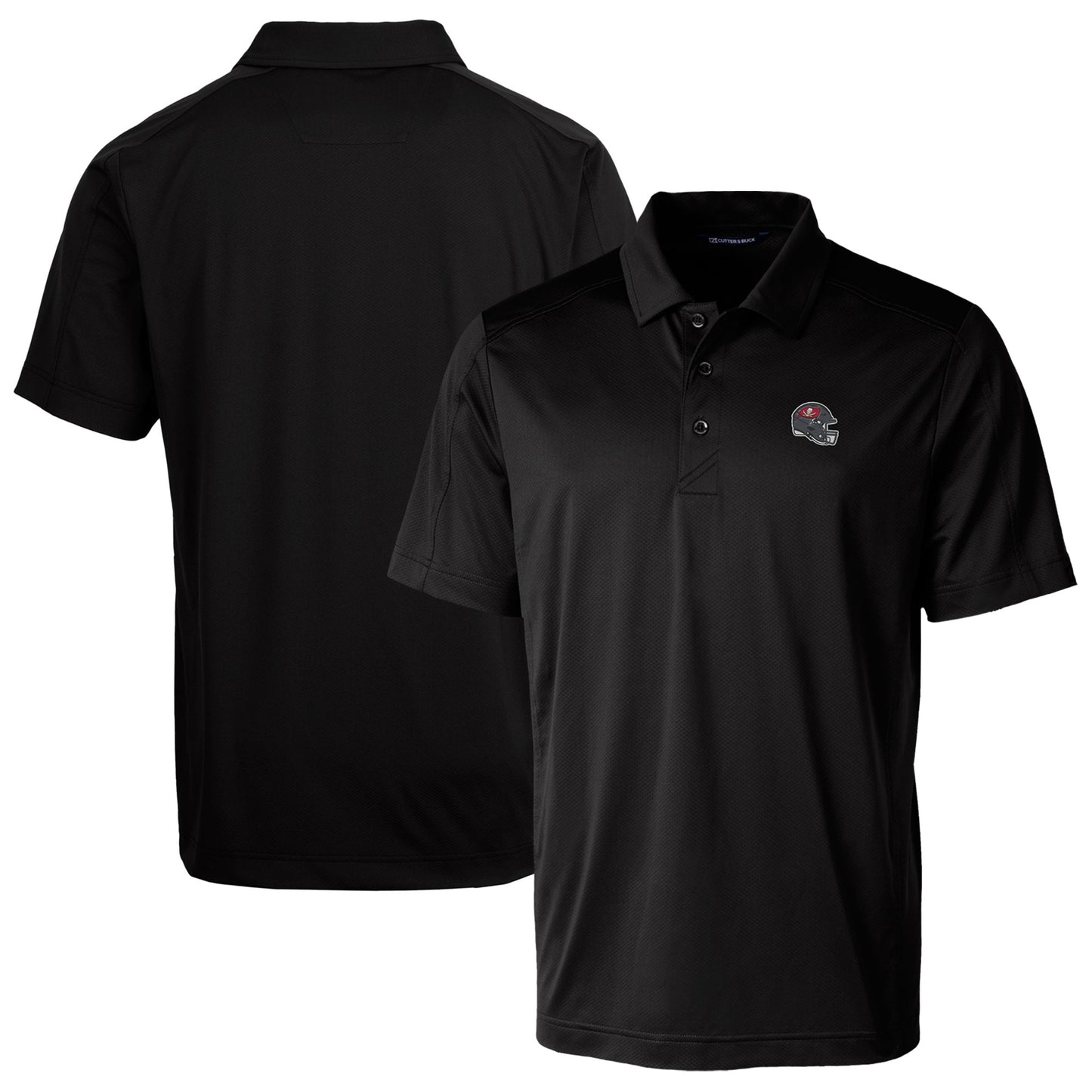 Men's Cutter & Buck Black Tampa Bay Buccaneers Helmet Prospect Textured Stretch Polo