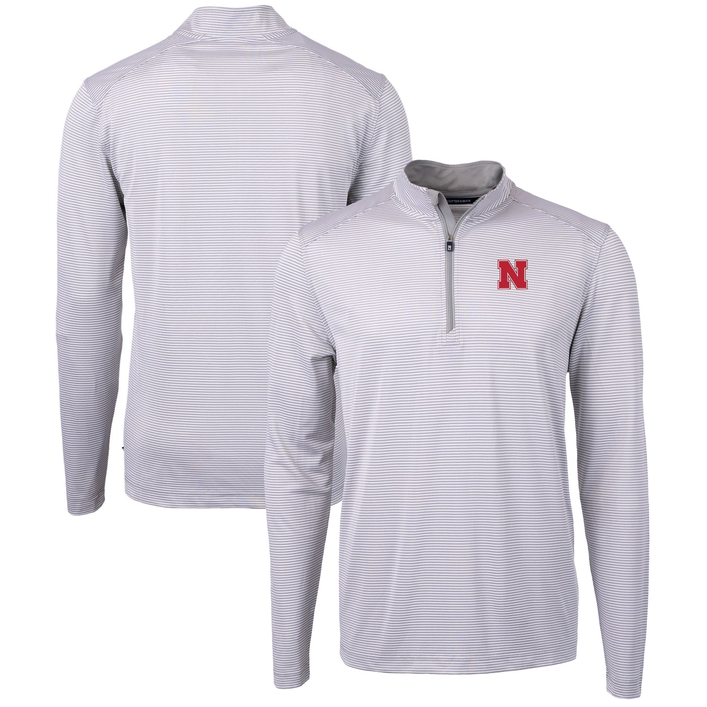 Men's Cutter & Buck Gray/White Nebraska Huskers Big & Tall Virtue Eco Pique Micro Stripe Recycled Quarter-Zip Pullover Top