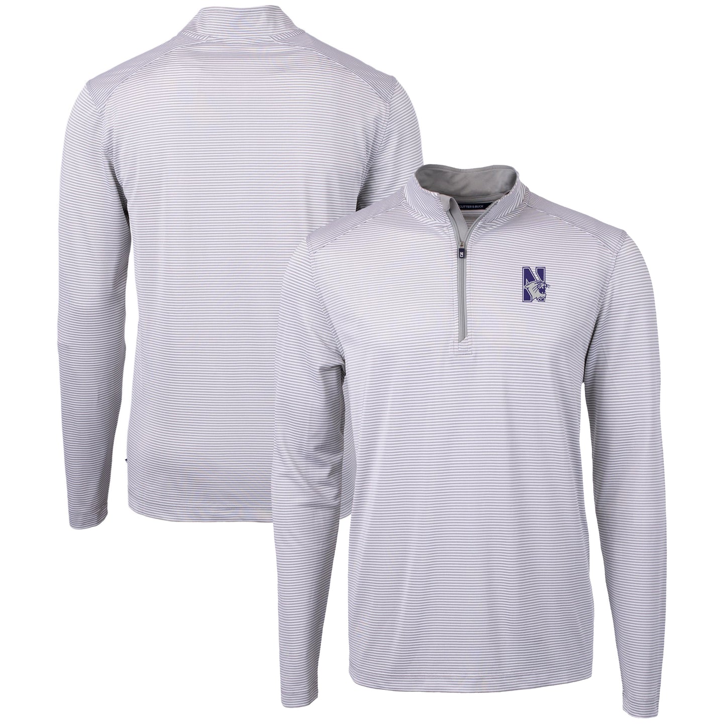 Men's Cutter & Buck Gray/White Northwestern Wildcats Big & Tall Virtue Eco Pique Micro Stripe Recycled Quarter-Zip Pullover Top