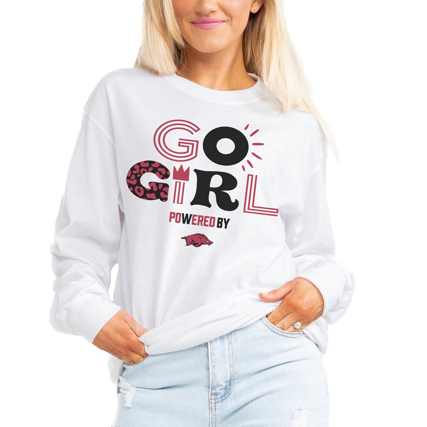 Women's Gameday Couture White Arkansas Razorbacks PoweredBy Go Girl Boyfriend Fit Long Sleeve T-Shirt