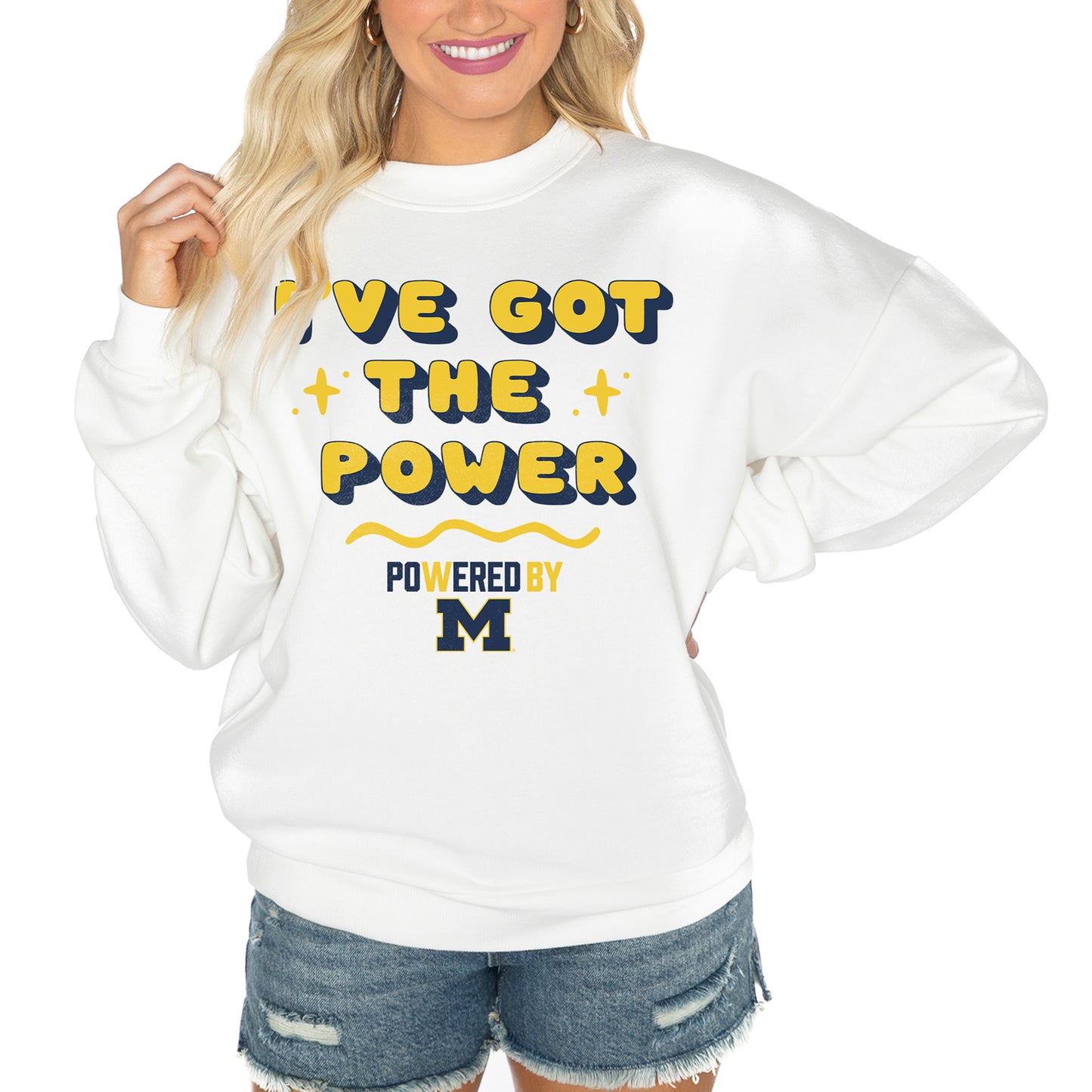 Women's Gameday Couture White Michigan Wolverines PoweredBy Got the Power Premium Pullover Sweatshirt