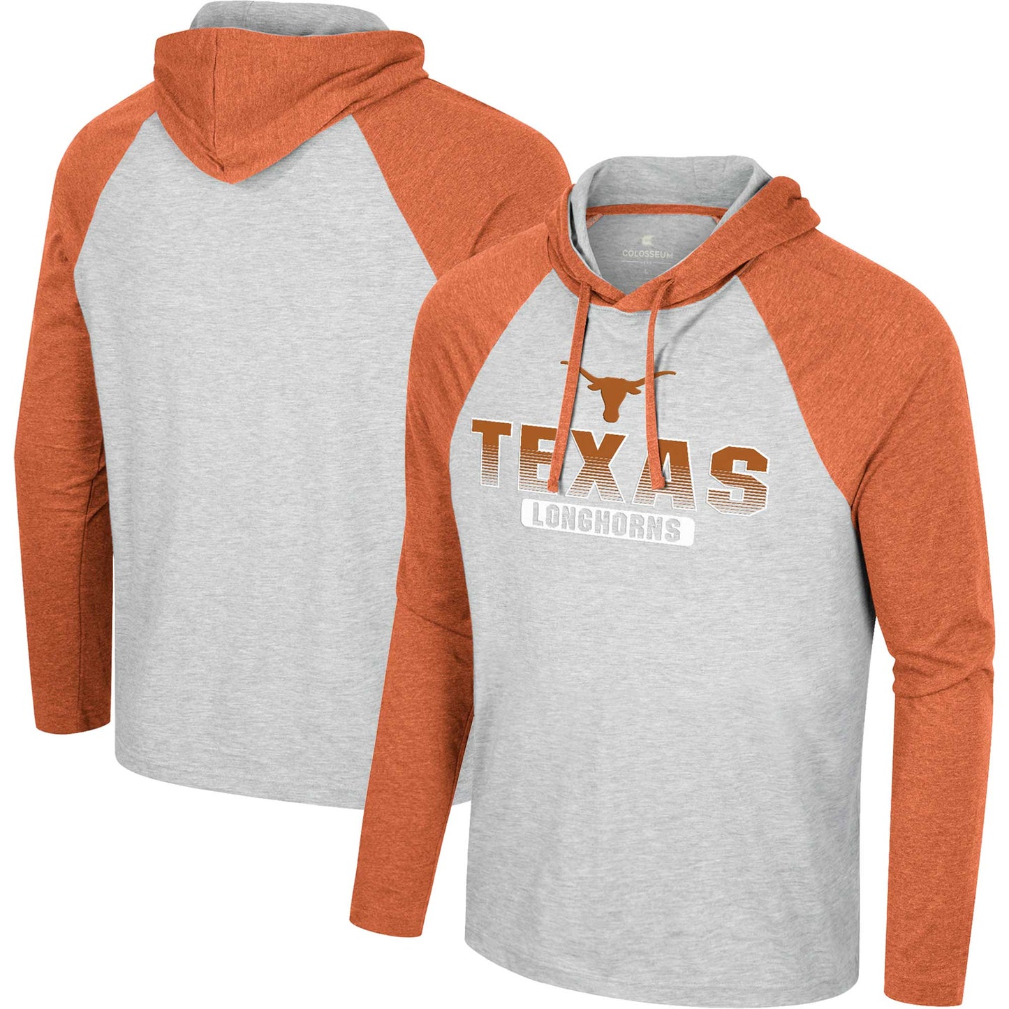 Men's Colosseum Heather Grey Texas Longhorns Hasta La Vista Raglan Hoodie Long Sleeve T-Shirt