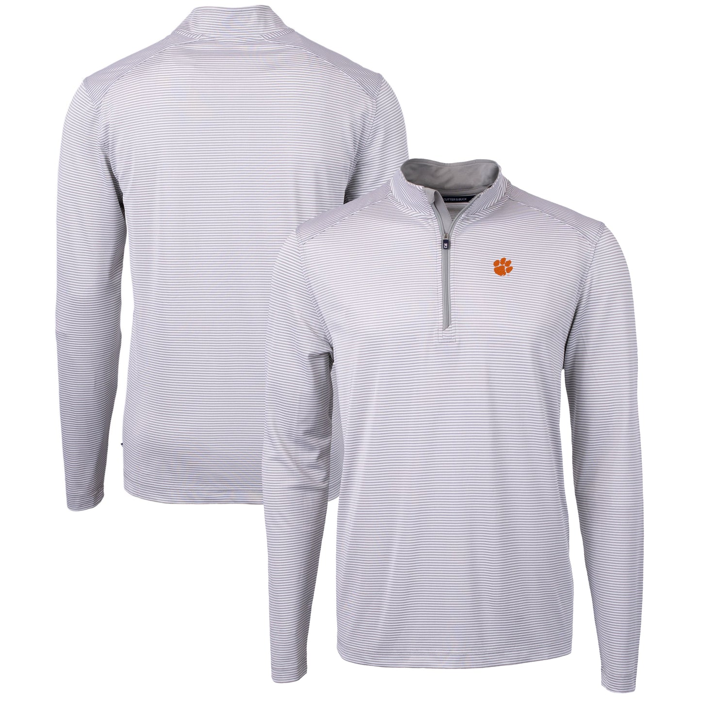 Men's Cutter & Buck Gray/White Clemson Tigers Big & Tall Virtue Eco Pique Micro Stripe Recycled Quarter-Zip Pullover Top