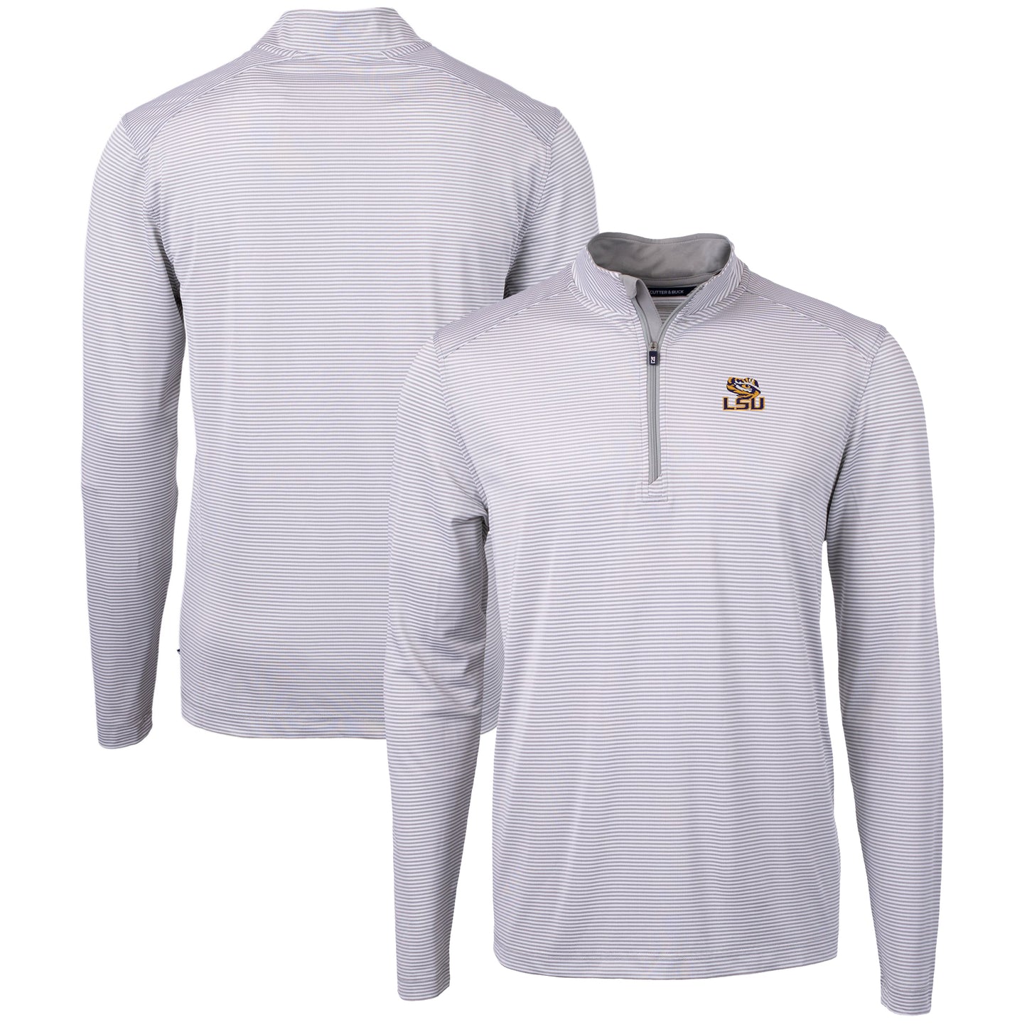Men's Cutter & Buck Gray/White LSU Tigers Big & Tall Virtue Eco Pique Micro Stripe Recycled Quarter-Zip Pullover Top