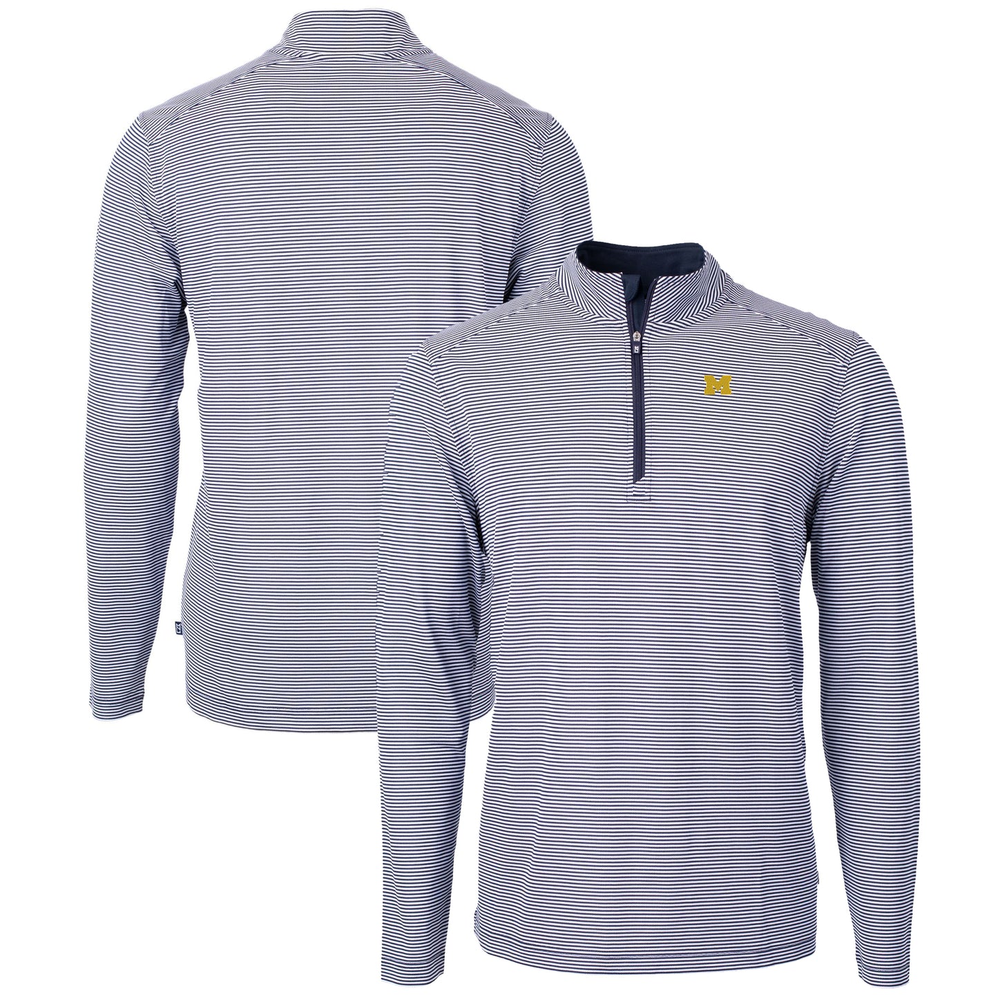 Men's Cutter & Buck Navy/White Michigan Wolverines Big & Tall Virtue Eco Pique Micro Stripe Recycled Quarter-Zip Pullover Top