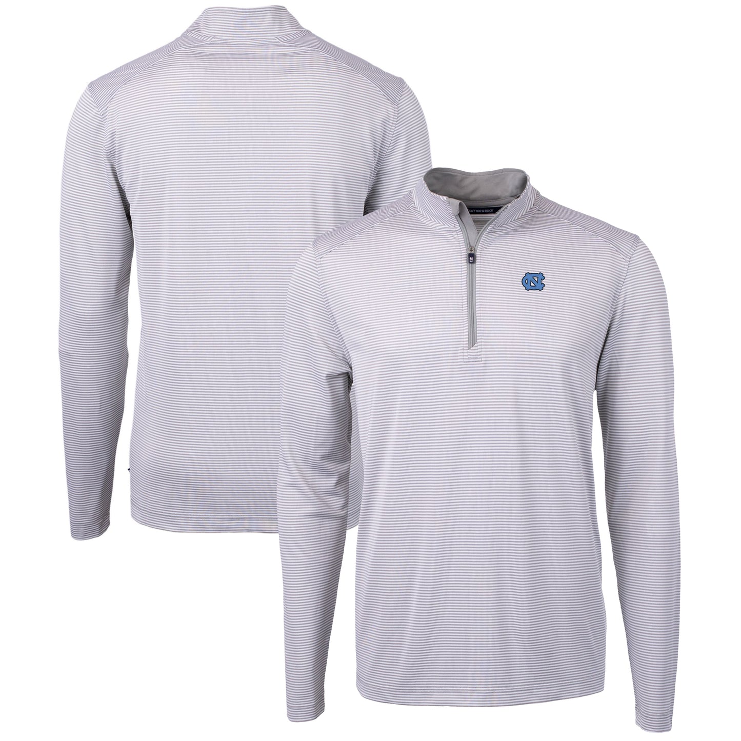 Men's Cutter & Buck Gray/White North Carolina Tar Heels Big & Tall Virtue Eco Pique Micro Stripe Recycled Quarter-Zip Pullover Top