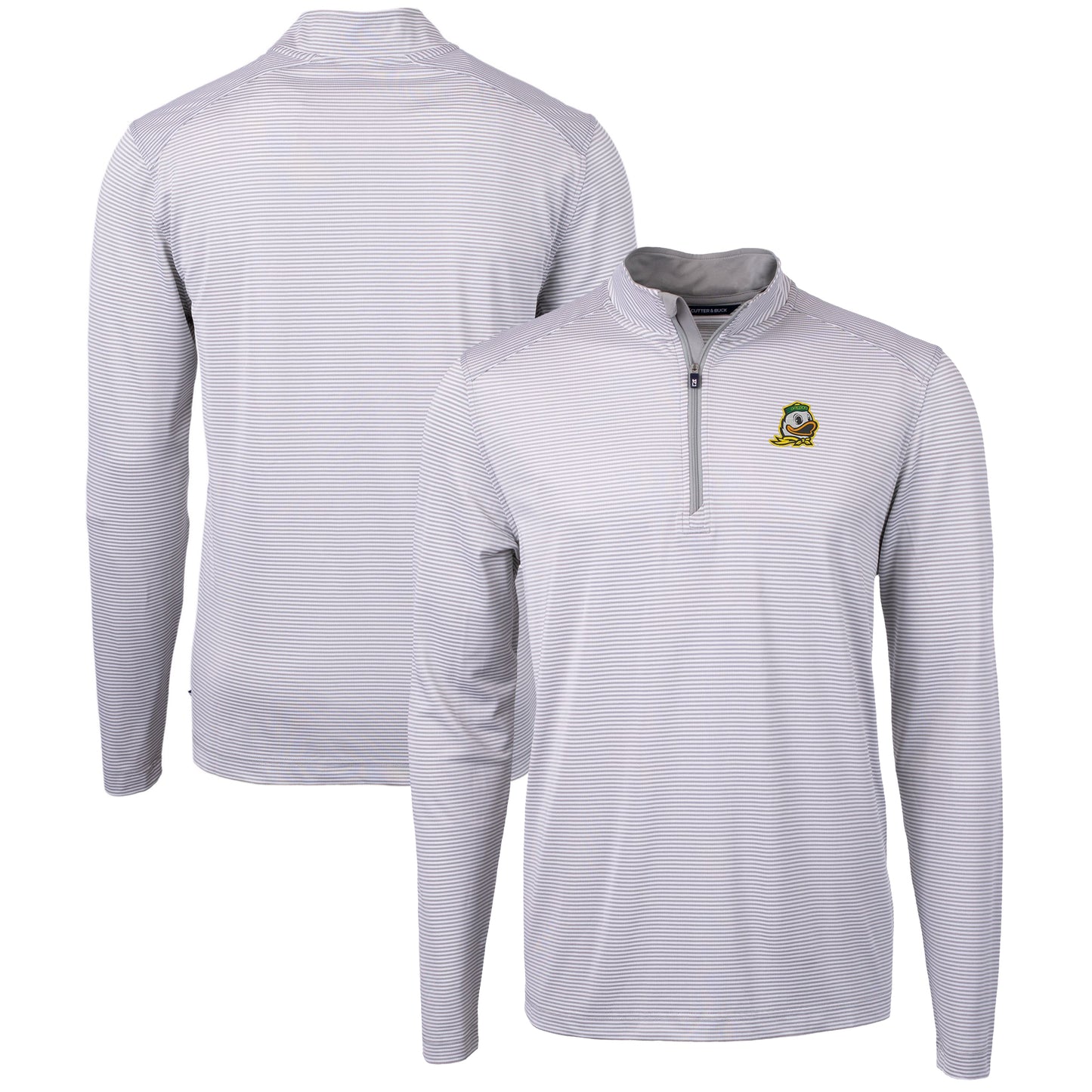 Men's Cutter & Buck Gray/White Oregon Ducks Big & Tall Virtue Eco Pique Micro Stripe Recycled Quarter-Zip Pullover Top