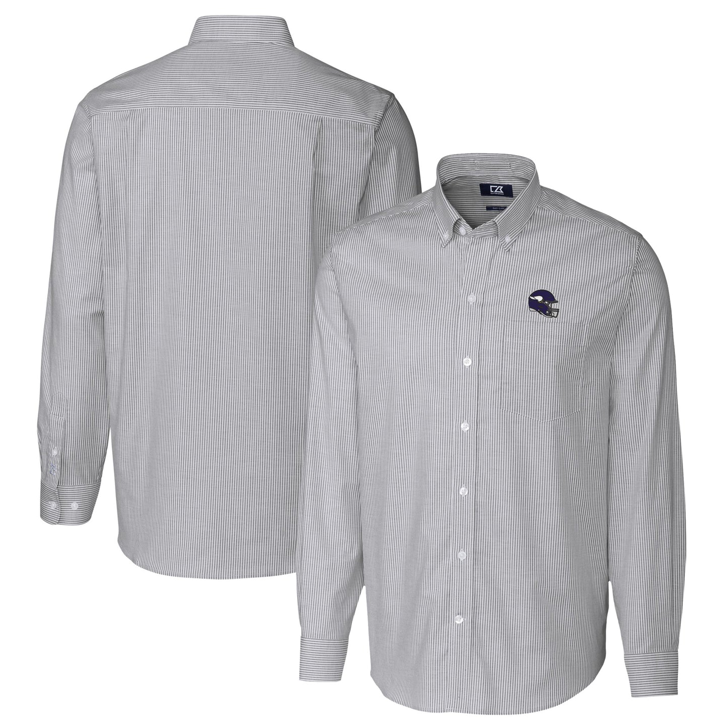 Men's Cutter & Buck Charcoal Minnesota Vikings Helmet Stretch Oxford Stripe Long Sleeve Button-Down Shirt