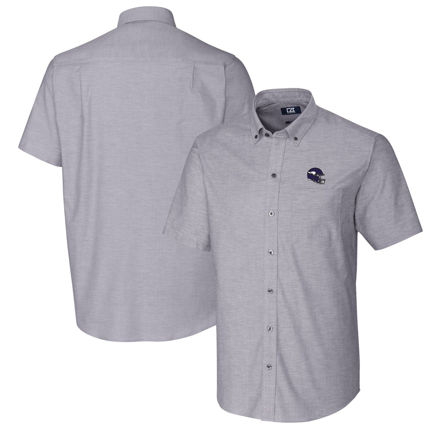 Men's Cutter & Buck Charcoal Minnesota Vikings Helmet Short Sleeve Stretch Oxford Button-Down Shirt