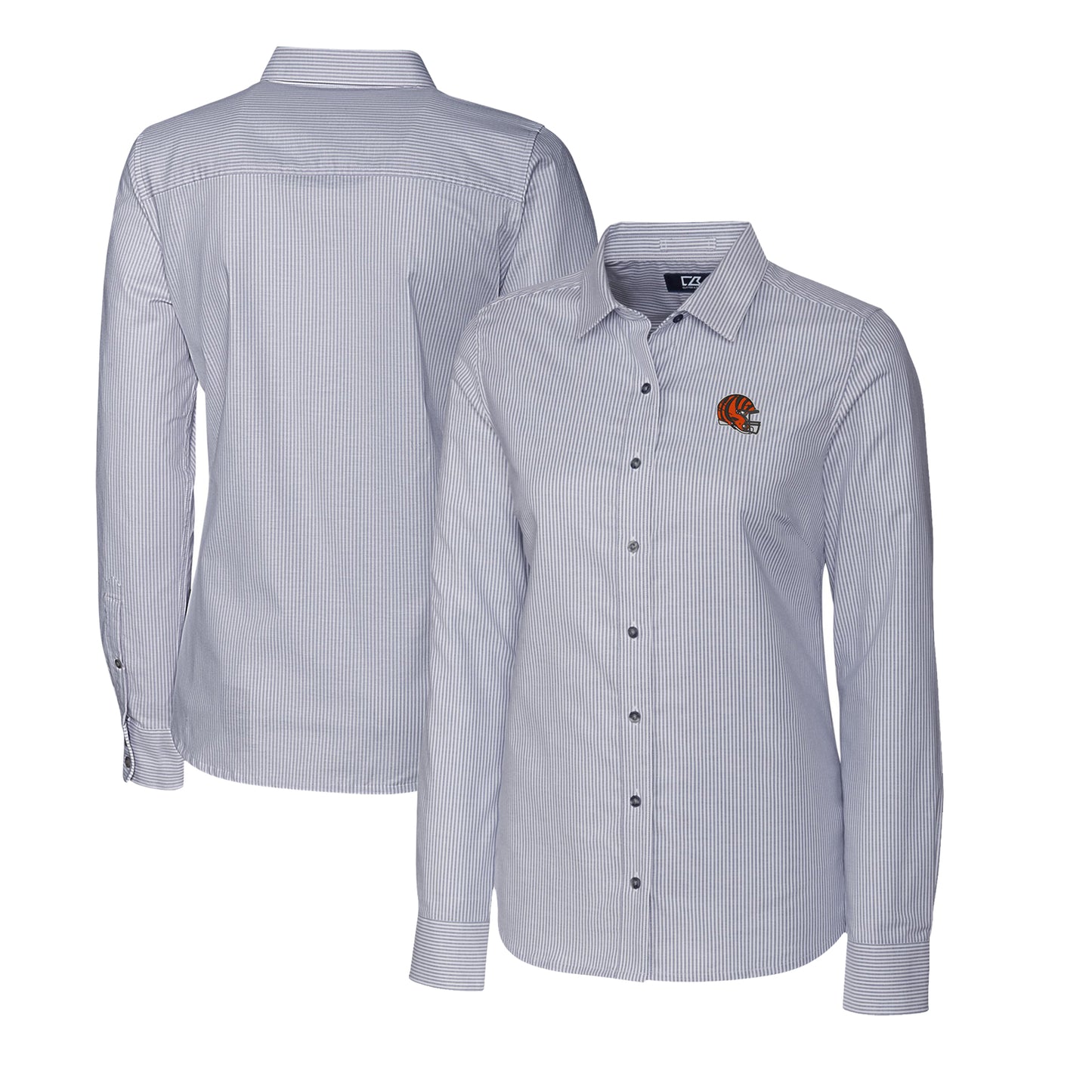 Women's Cutter & Buck Charcoal Cincinnati Bengals Helmet Logo Stretch Oxford Stripe Long Sleeve Button-Up Shirt