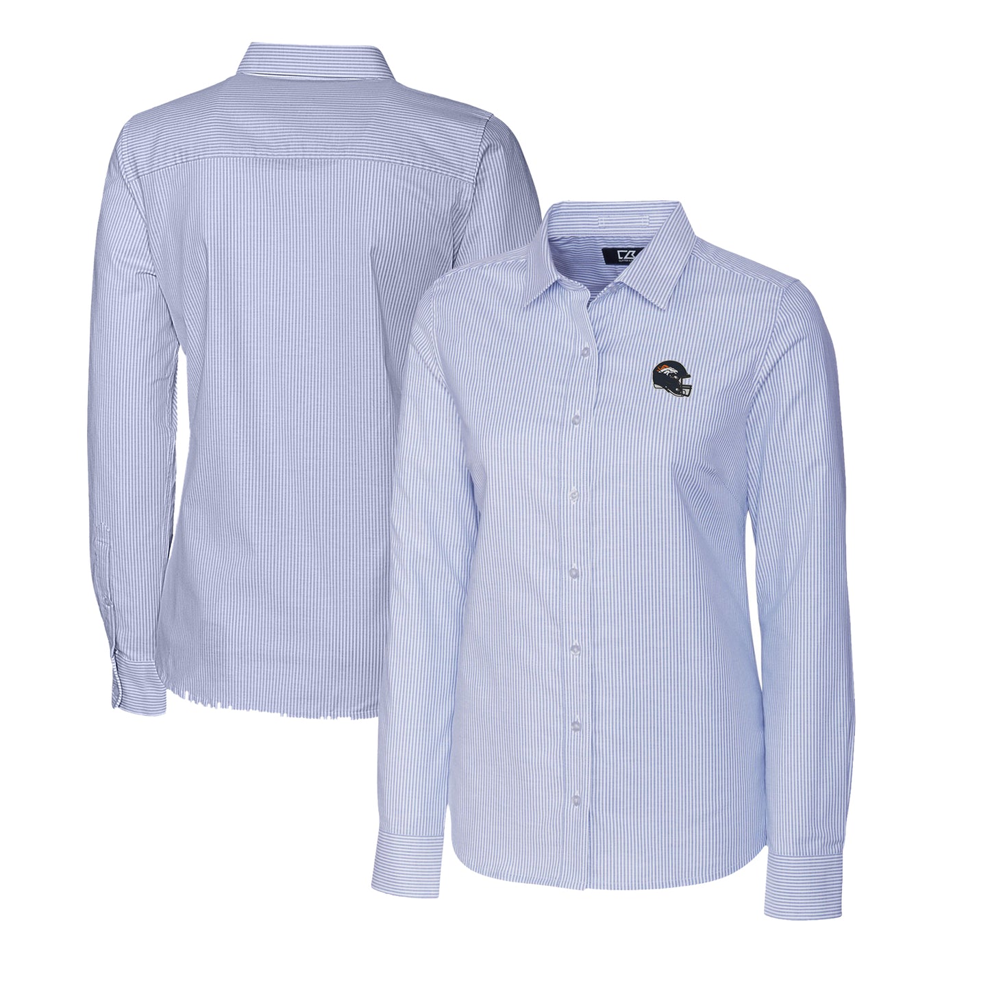 Women's Cutter & Buck Light Blue Denver Broncos Helmet Logo Stretch Oxford Stripe Long Sleeve Button-Up Shirt