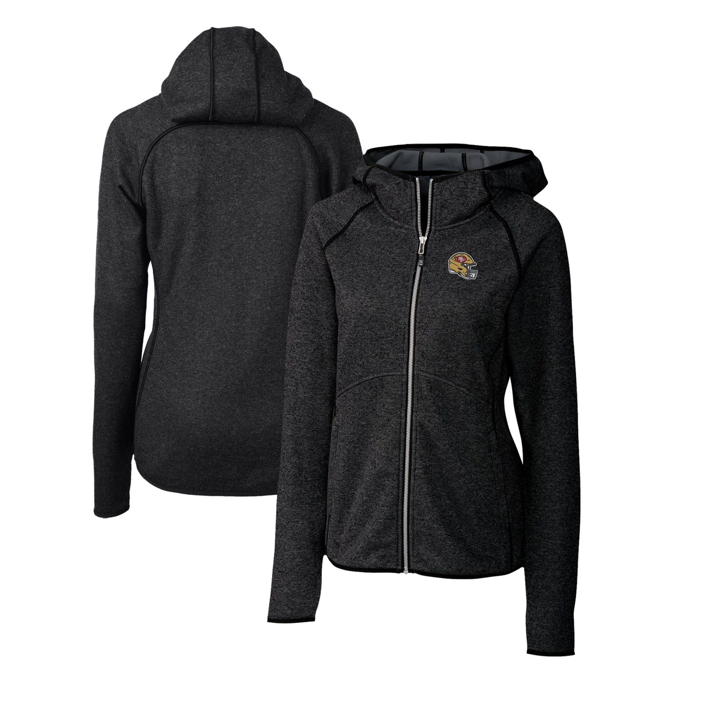 Women's Cutter & Buck Charcoal San Francisco 49ers Helmet Logo Mainsail Sweater-Knit Full-Zip Hoodie