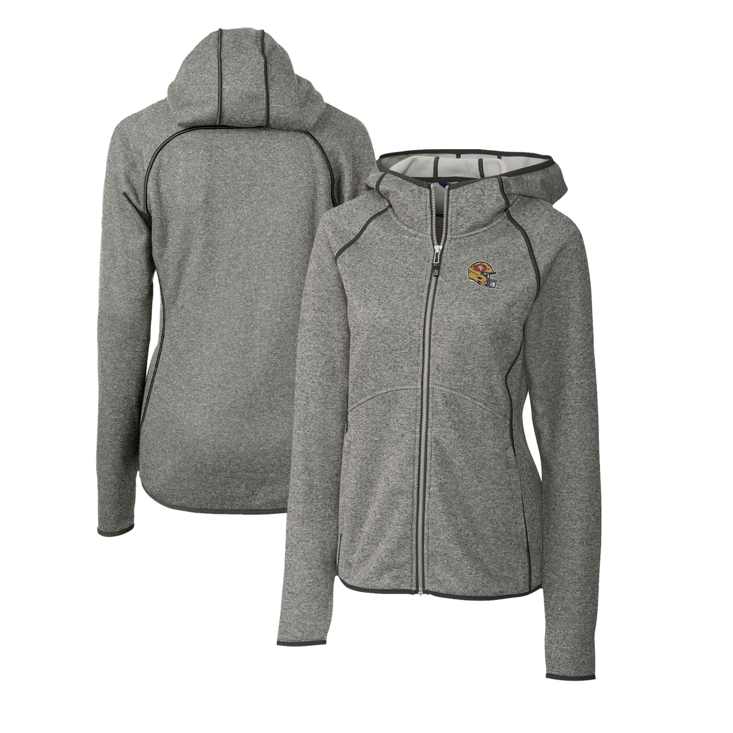 Women's Cutter & Buck Heather Gray San Francisco 49ers Helmet Logo Mainsail Sweater-Knit Full-Zip Hoodie