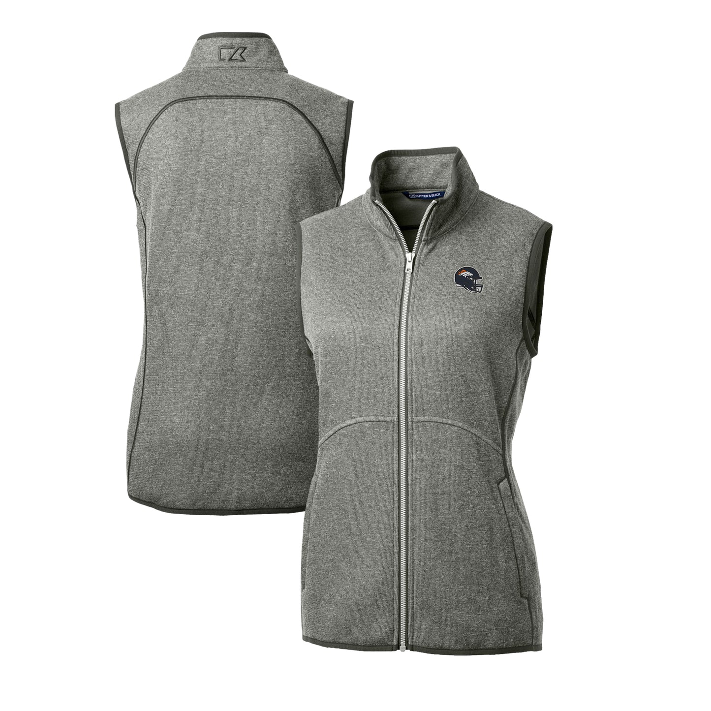 Women's Cutter & Buck Heather Gray Denver Broncos Helmet Logo Mainsail Sweater-Knit Full-Zip Vest
