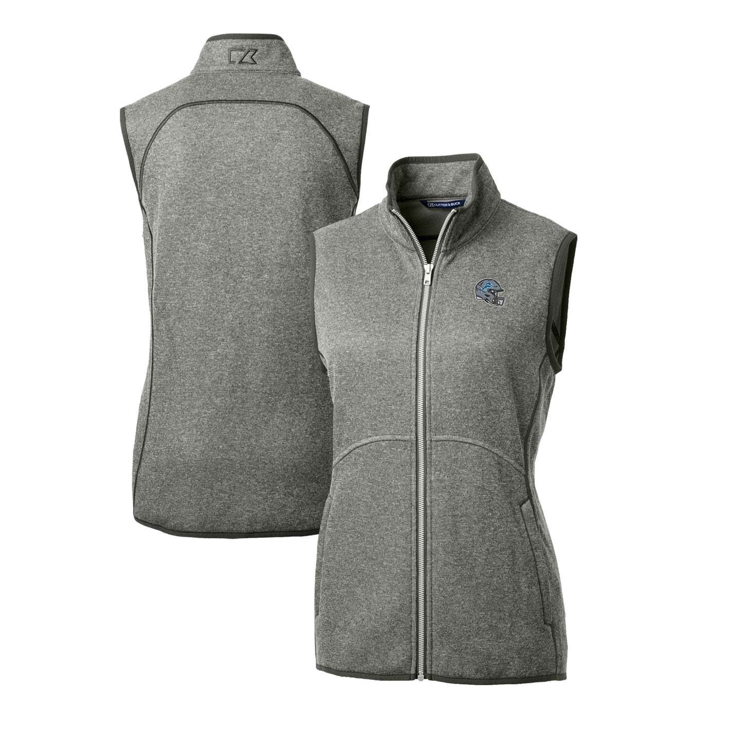 Women's Cutter & Buck Heather Gray Detroit Lions Helmet Logo Mainsail Sweater-Knit Full-Zip Vest