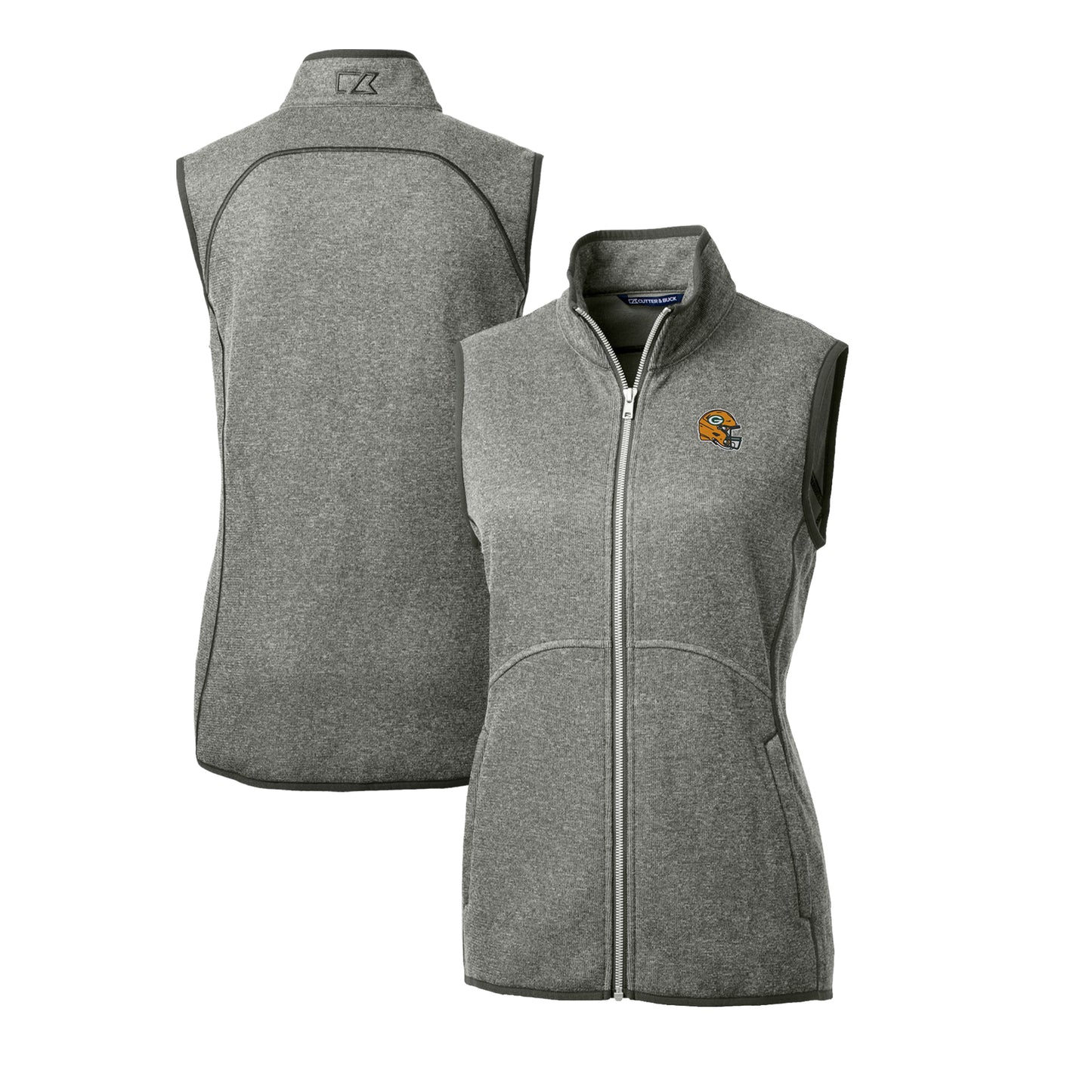 Women's Cutter & Buck Heather Gray Green Bay Packers Helmet Logo Mainsail Sweater-Knit Full-Zip Vest