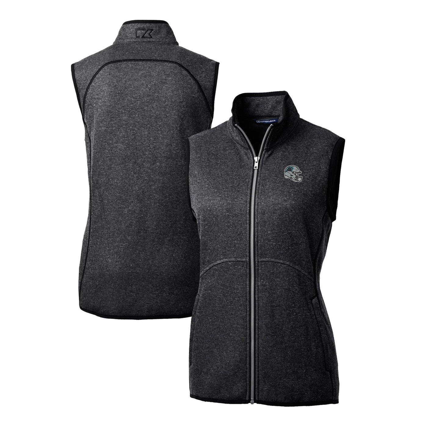 Women's Cutter & Buck Charcoal Carolina Panthers Helmet Logo Mainsail Sweater-Knit Full-Zip Vest