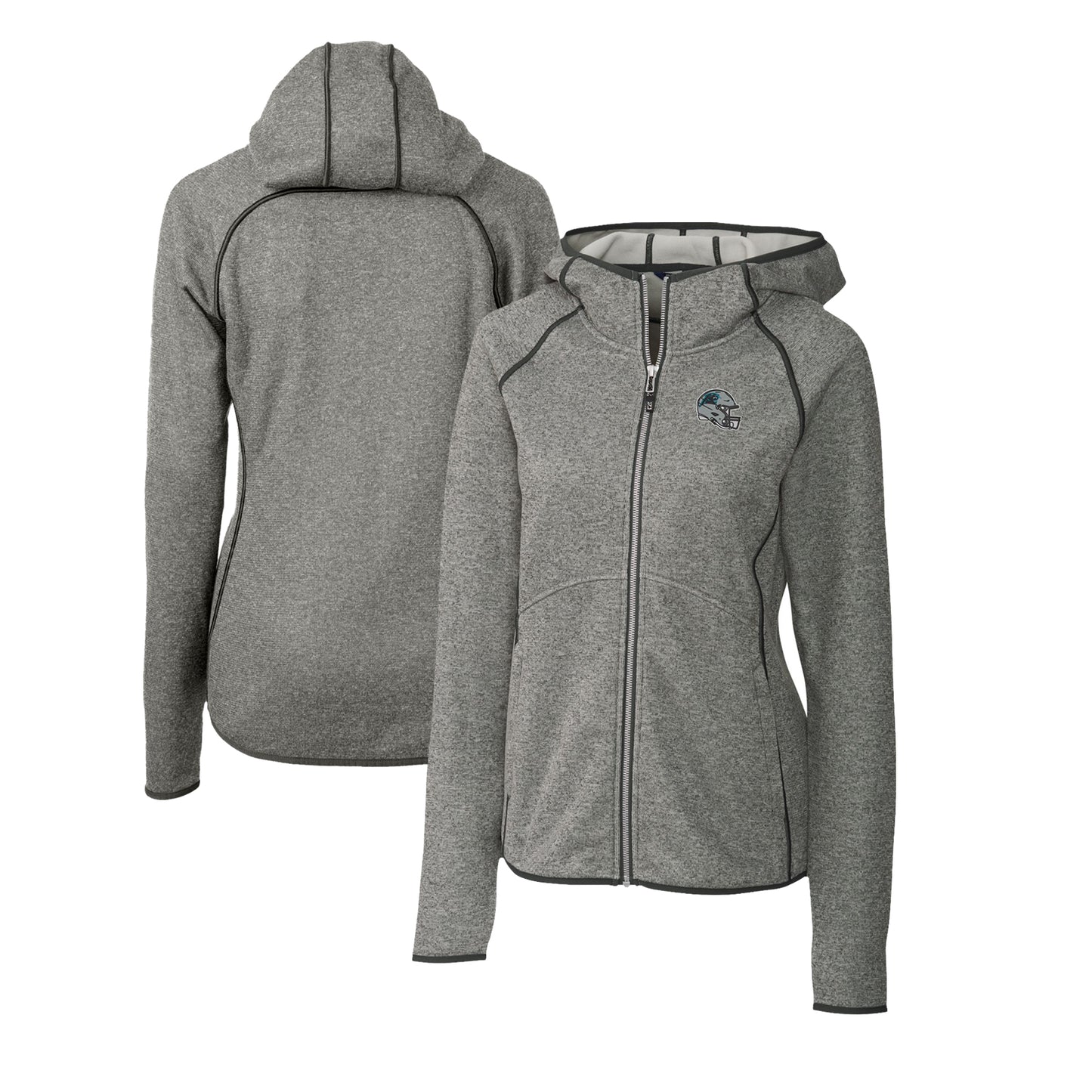 Women's Cutter & Buck Steel Carolina Panthers Helmet Logo Mainsail Sweater-Knit Full-Zip Hoodie