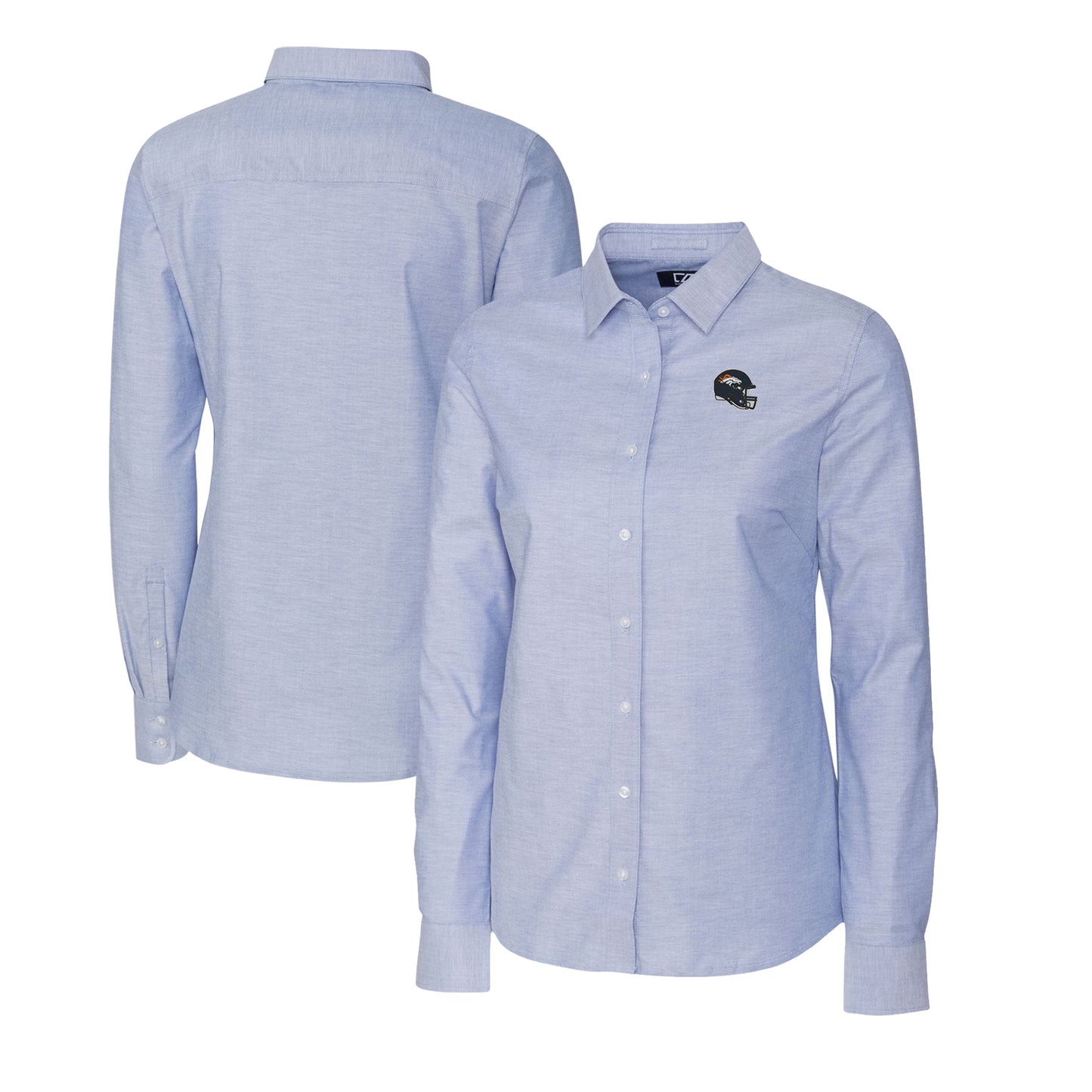 Women's Cutter & Buck Light Blue Denver Broncos Helmet Logo Stretch Oxford Long Sleeve Button-Up Shirt