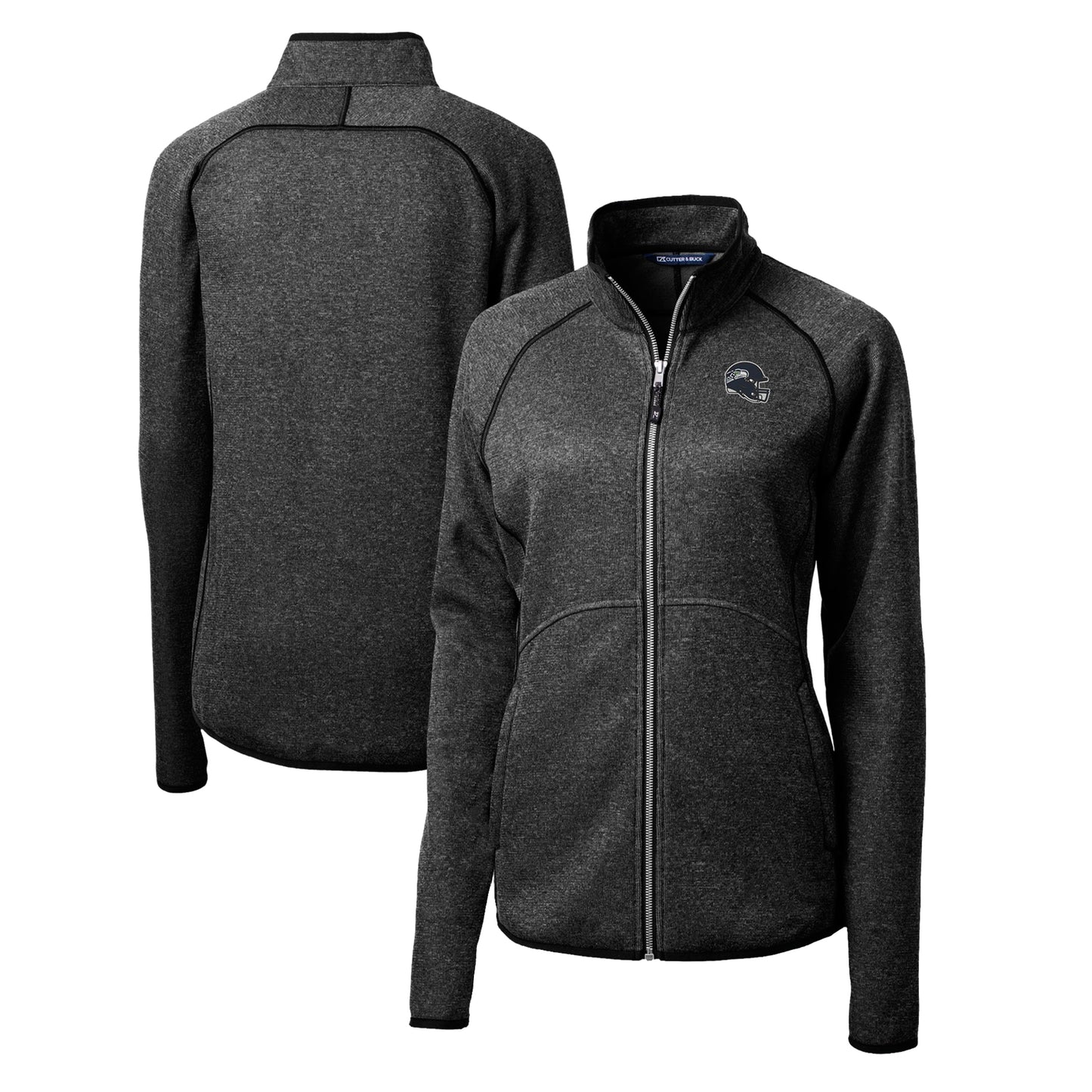 Women's Cutter & Buck Charcoal Seattle Seahawks Helmet Logo Mainsail Sweater-Knit Full-Zip Jacket