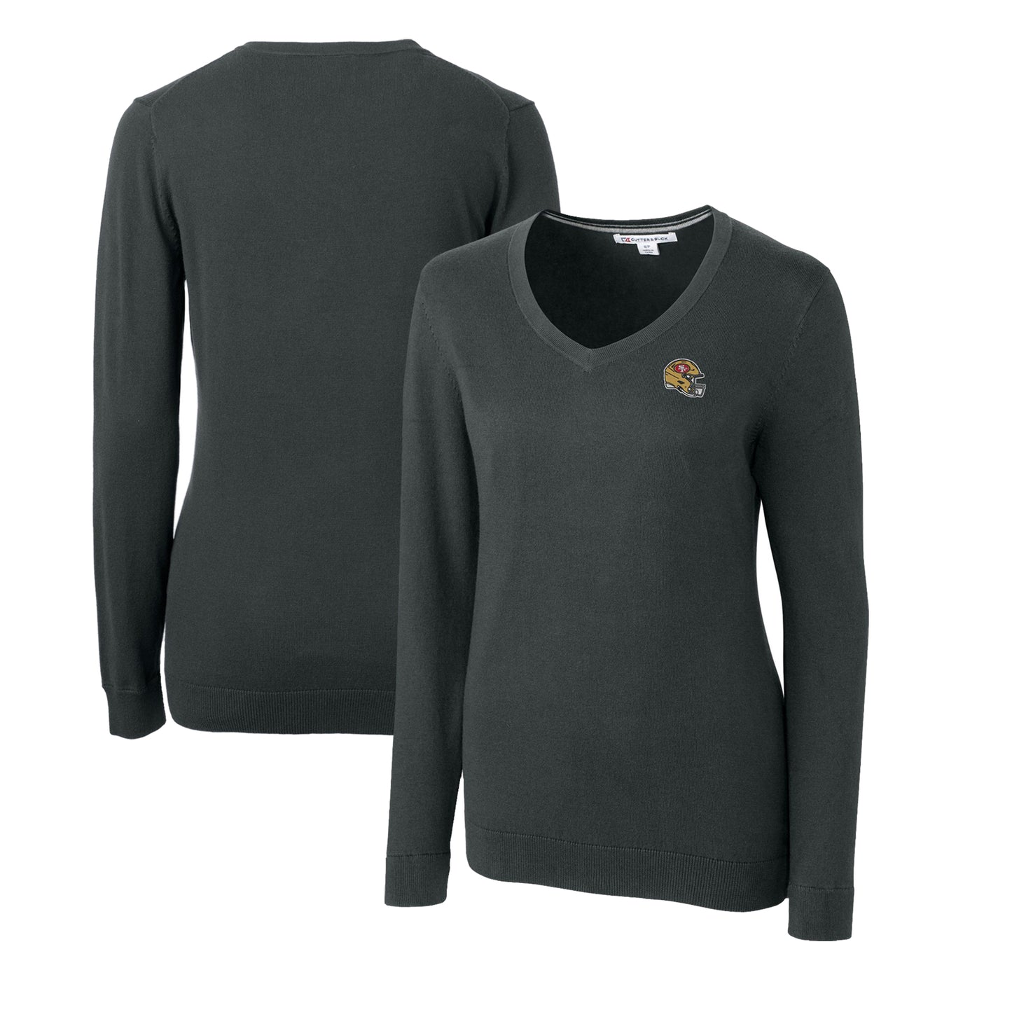Women's Cutter & Buck Charcoal San Francisco 49ers Helmet Logo Lakemont Tri-Blend V-Neck Pullover Sweater