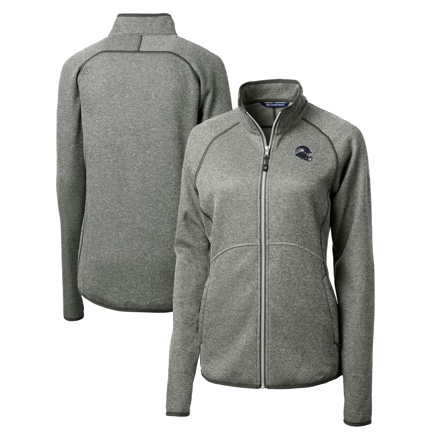 Women's Cutter & Buck Heather Gray Seattle Seahawks Helmet Logo Mainsail Sweater-Knit Full-Zip Jacket