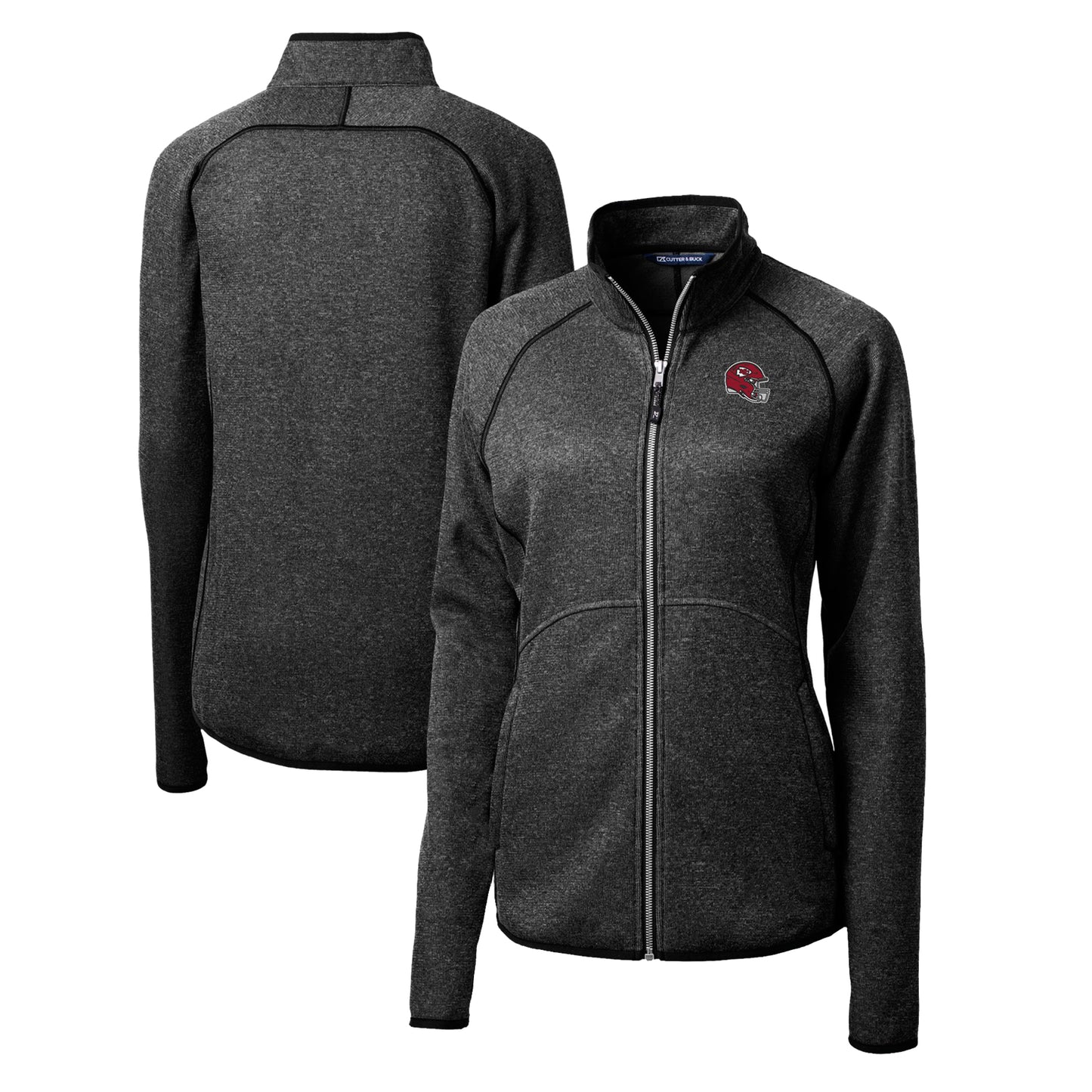Women's Cutter & Buck Charcoal Kansas City Chiefs Helmet Logo Mainsail Sweater-Knit Full-Zip Jacket
