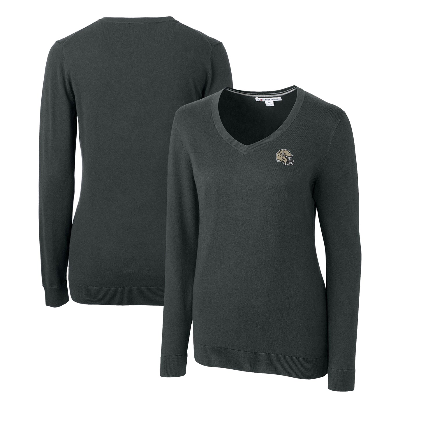 Women's Cutter & Buck Charcoal New Orleans Saints Helmet Logo Lakemont Tri-Blend V-Neck Pullover Sweater