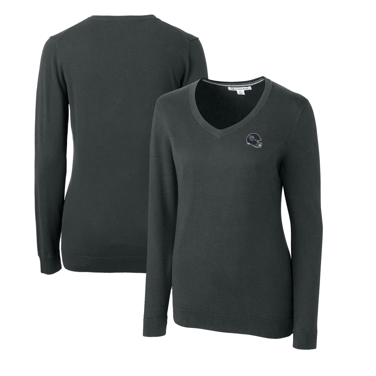 Women's Cutter & Buck Charcoal Tennessee Titans Helmet Logo Lakemont Tri-Blend V-Neck Pullover Sweater